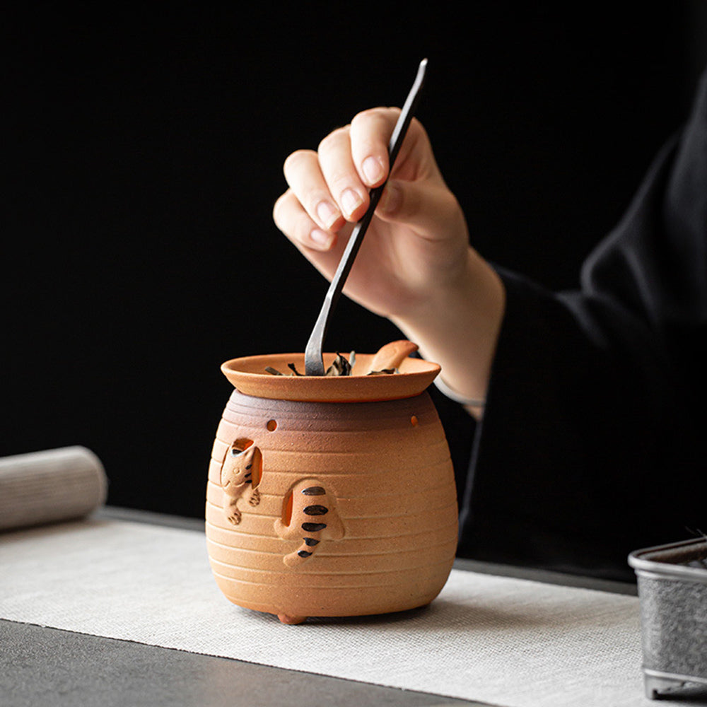 Handmade Coarse Pottery Cat Tea Leaf Stove - Perfect for Brewing Loose Leaf Tea in Home & Garden Decor