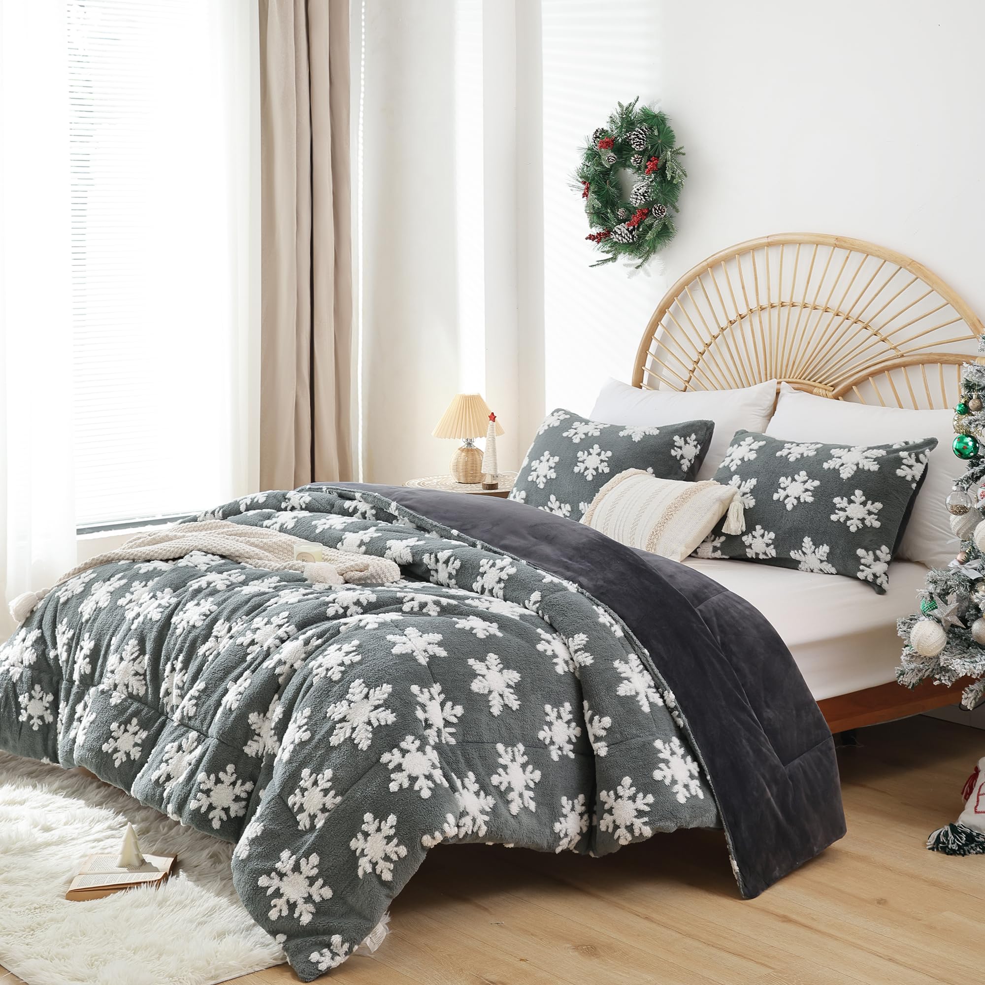 JANZAA Grey Velvet Christmas Comforter Set Queen - 3 Piece Soft Fluffy Bedding with White Snowflake Design for Holiday Decor & Cozy Winter Nights