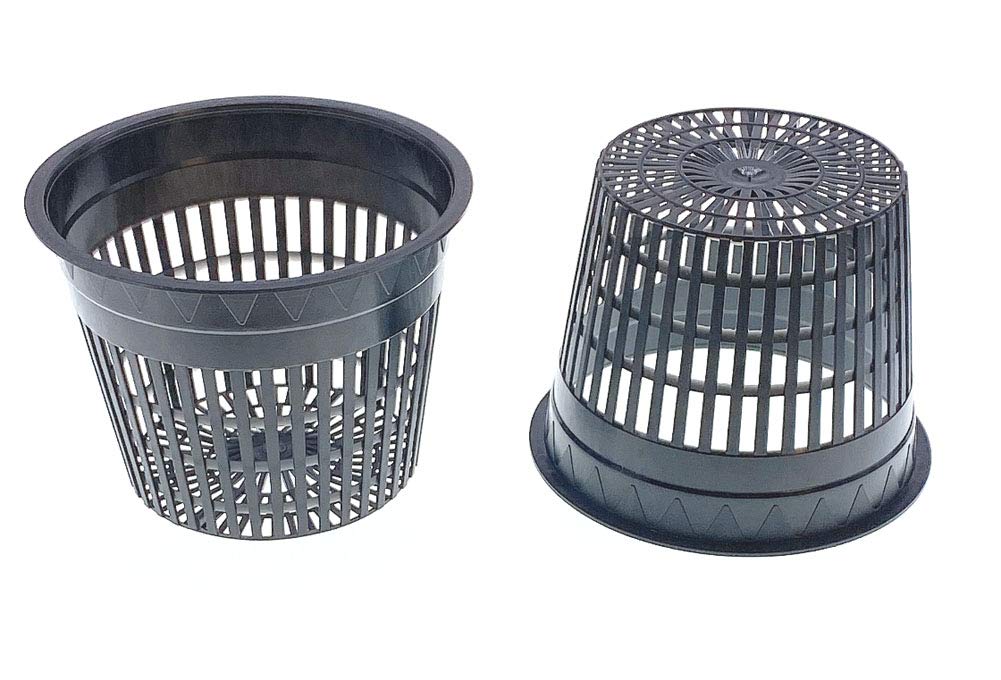 50 Pack HORTIPOTS 5 Inch Net Pots with Free Reflective Lids - Hydroponic Mesh Cups for Indoor Herb Garden, Seed Starting & Hydroponics System (Round Design, Raised Center Bottom)
