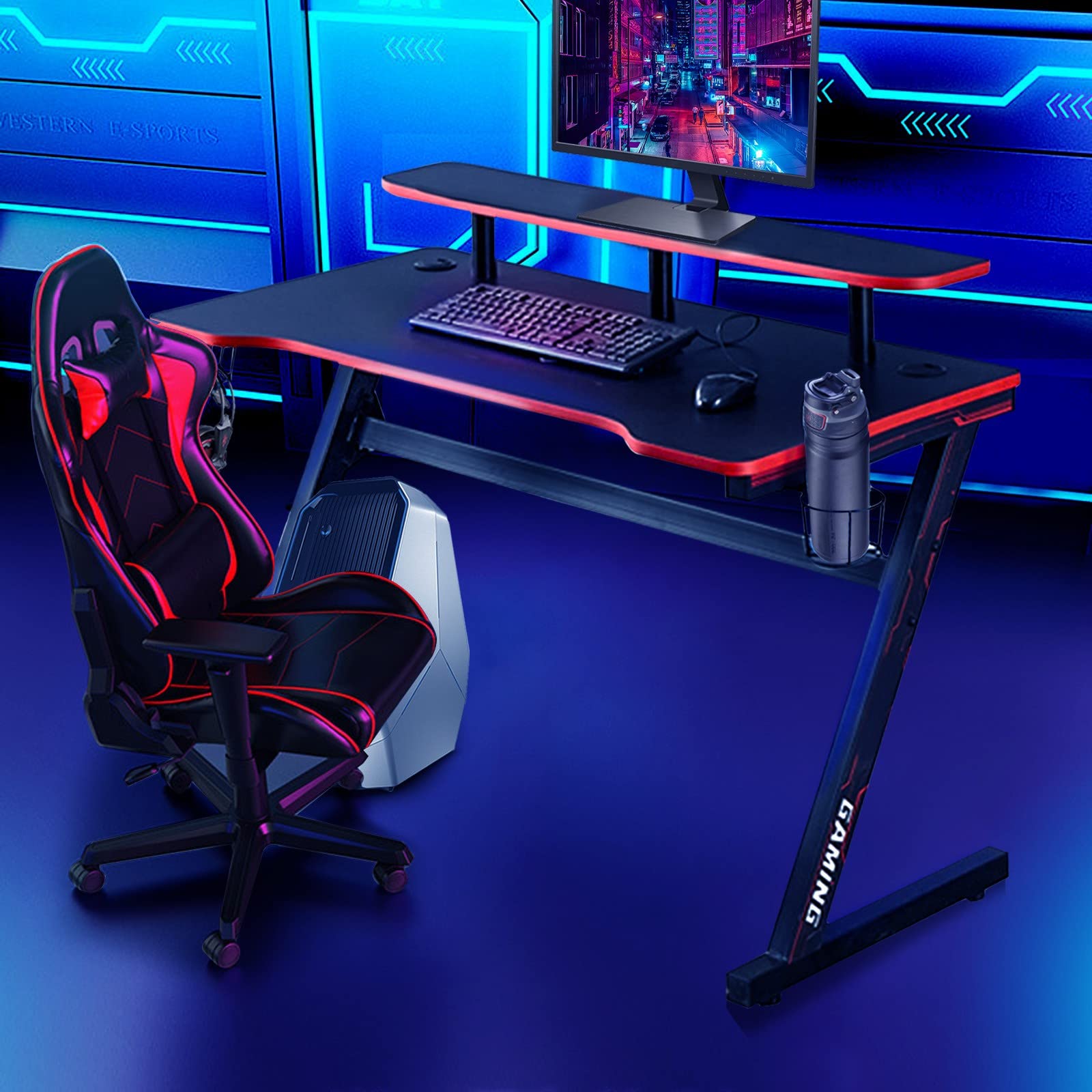 FUELEGO 47.2 Inch Gaming Desk - Ergonomic Home Office Computer Table with Cable Management, Black Gamer Workstation for PC, Console & Streaming Setup - Perfect for Small Spaces & Multi-Monitor Gaming Stations