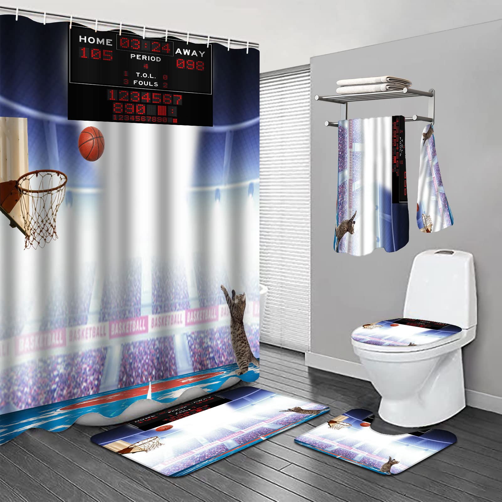 Funny Basketball Cat Shower Curtain Set - 6 Piece Bathroom Decor with Shower Curtain, Towel & Rugs for Kids & Teens | Cute Sports Theme Bath Accessories for Game Room or Dorm Decor