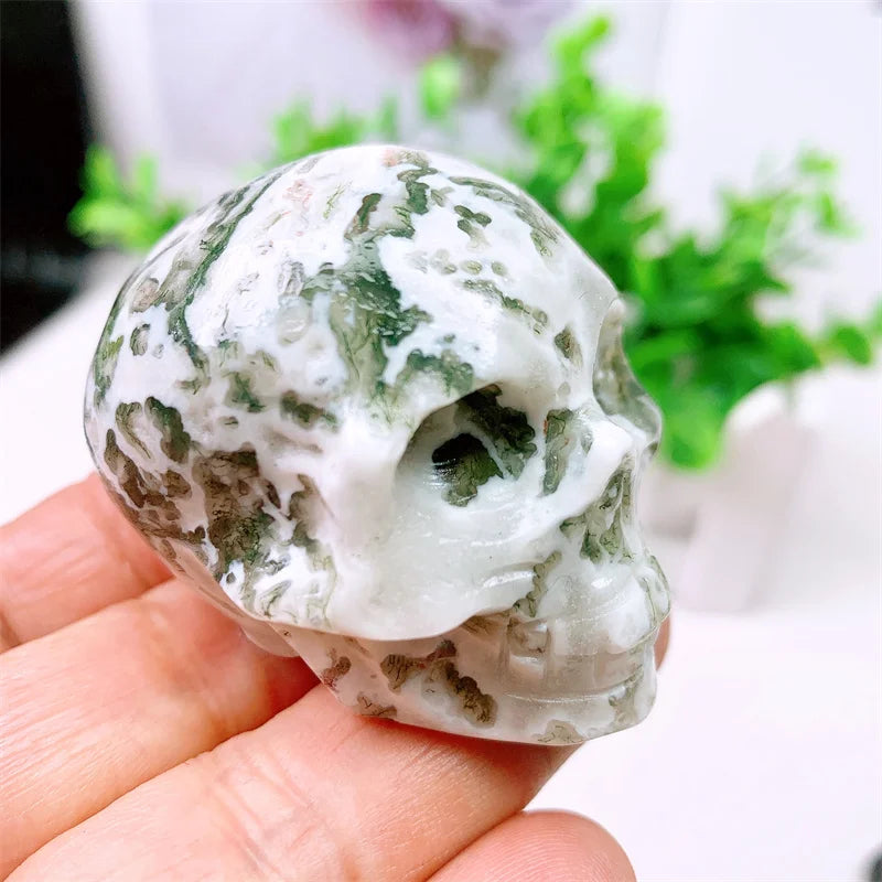 Natural Moss Agate Skull Carving - 2in Mini Crystal Stone Statue Figurine for Home Decor, Halloween Decoration & Witchcraft Gift - Perfect for Altar Display, Meditation Space & Gothic Decor