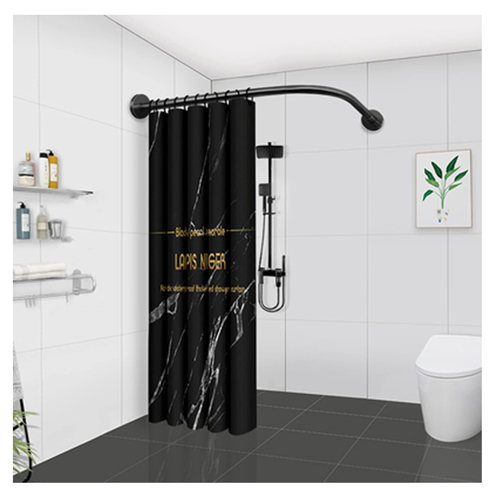 Extendable L-Shaped Shower Curtain Rod - No Drill Rustproof Telescopic Curved Bathroom Rail (70-95cm) with Included Shower Curtain - Perfect for Corner Showers, Bathtubs & Small Spaces