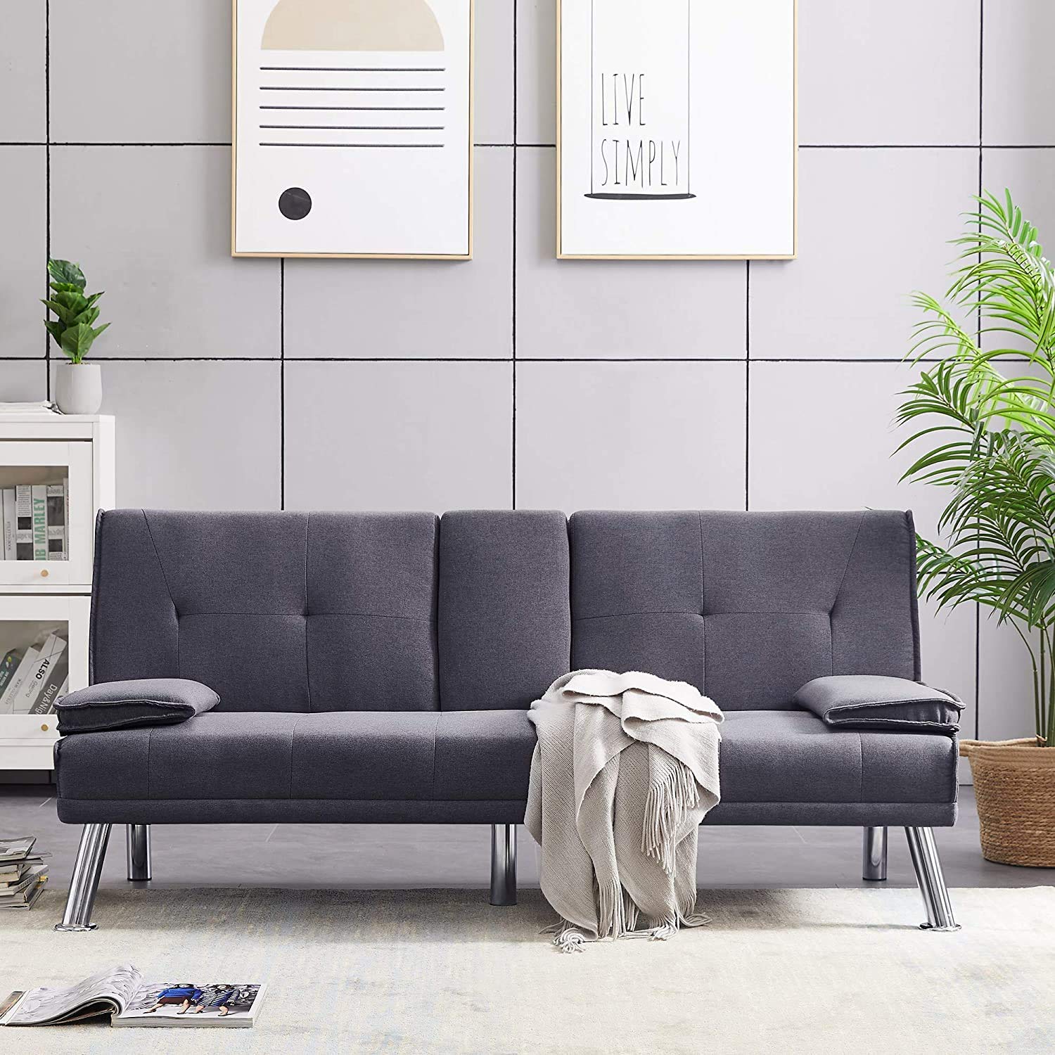 Modern Faux Leather Futon Sofa Bed - Convertible Folding Recliner Couch with 2 Cup Holders, Dark Grey - Perfect for Small Apartments, Guest Rooms & Home Theaters