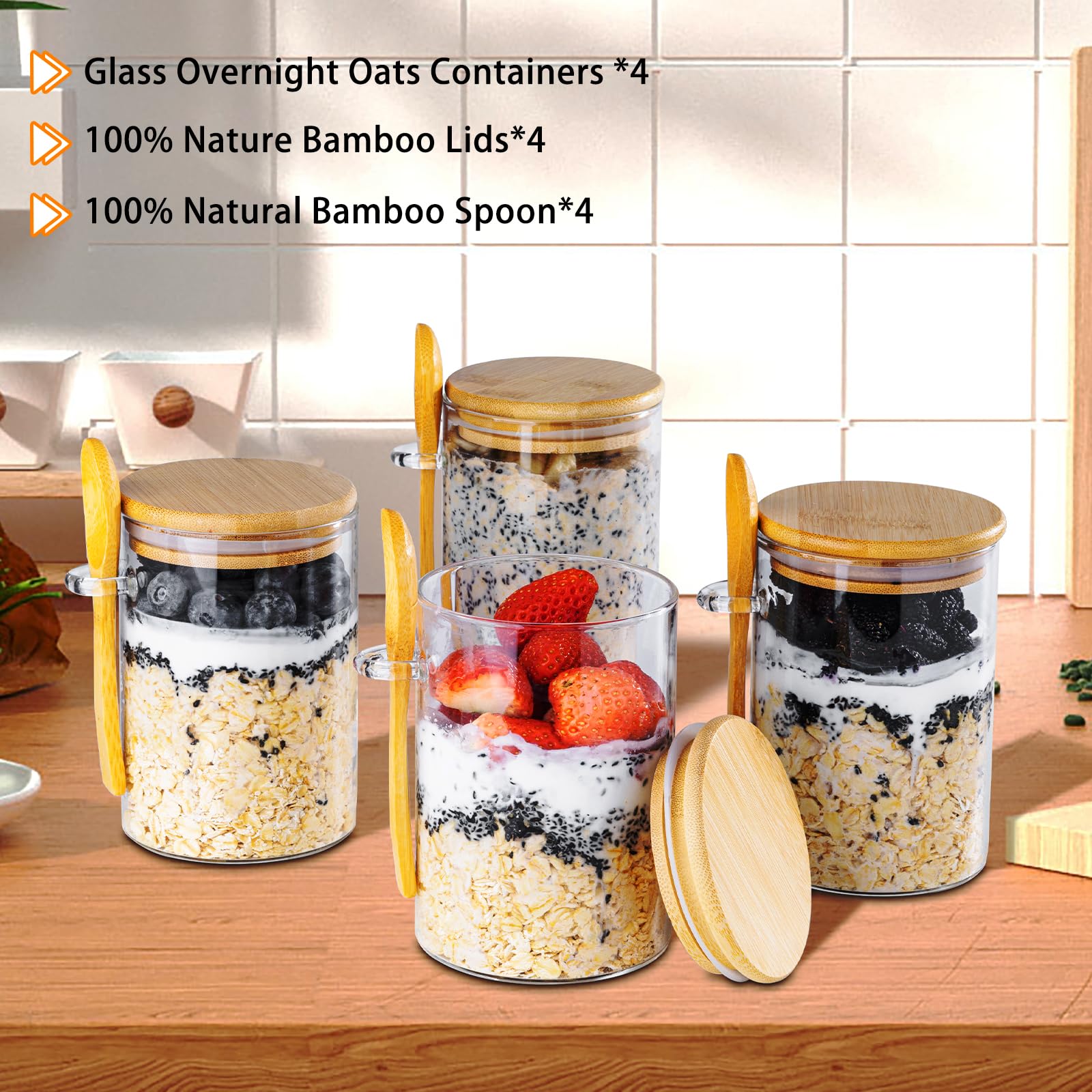 16oz Glass Overnight Oats Containers with Lids - 4 Pack Meal Prep Jars for Oatmeal, Yogurt & Pudding | BPA-Free Reusable Breakfast Storage Containers | Perfect for Healthy Meal Prep, Office Lunch & On-the-Go Snacks