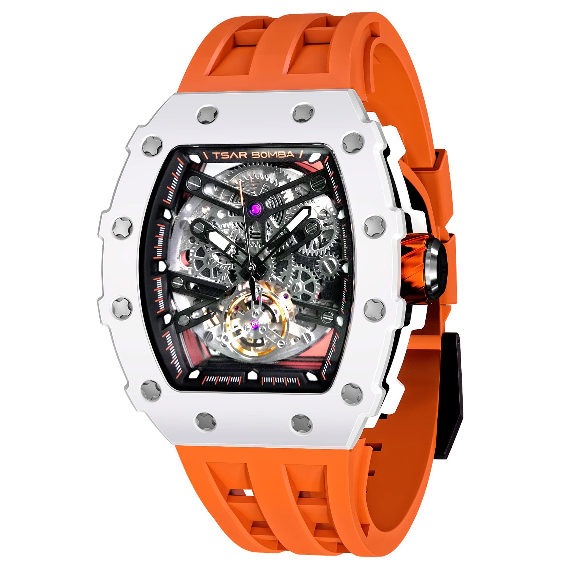 TSAR BOMBA Men's Automatic Skeleton Watch - Luxury Mechanical Tonneau Watch with 50M Waterproof, Big Square Dial & Silicone Strap - Perfect for Business, Formal Events & Everyday Wear