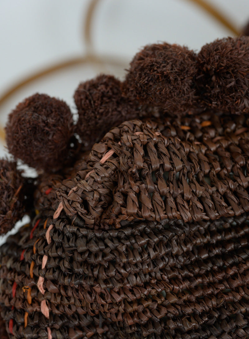 Jamin Puech Straw Borsina Handbag with Pom Pom - Brown Woven Crossbody Bag for Women | Perfect for Beach, Travel and Everyday Use
