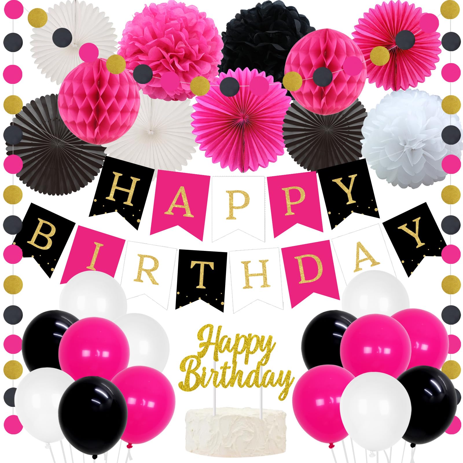 Hot Pink & Black White Happy Birthday Bunting Banner, Tissue Pom Poms, Paper Fans & Circle Dots – Elegant Birthday Party Decorations for Women & Girls – Perfect for Indoor & Outdoor Celebrations, Baby Showers & Bridal Showers