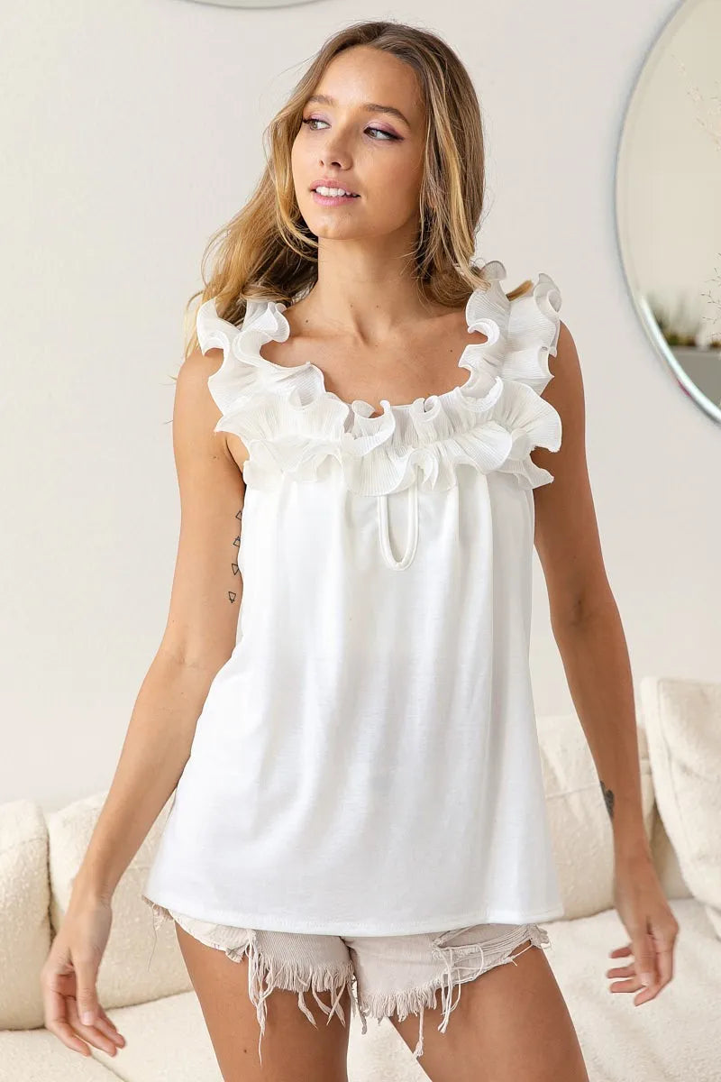 BiBi French Terry Knit Ruffled Trim Banded Top - Soft & Stylish Women's Casual Shirt for Everyday Wear, Lounge & Outings