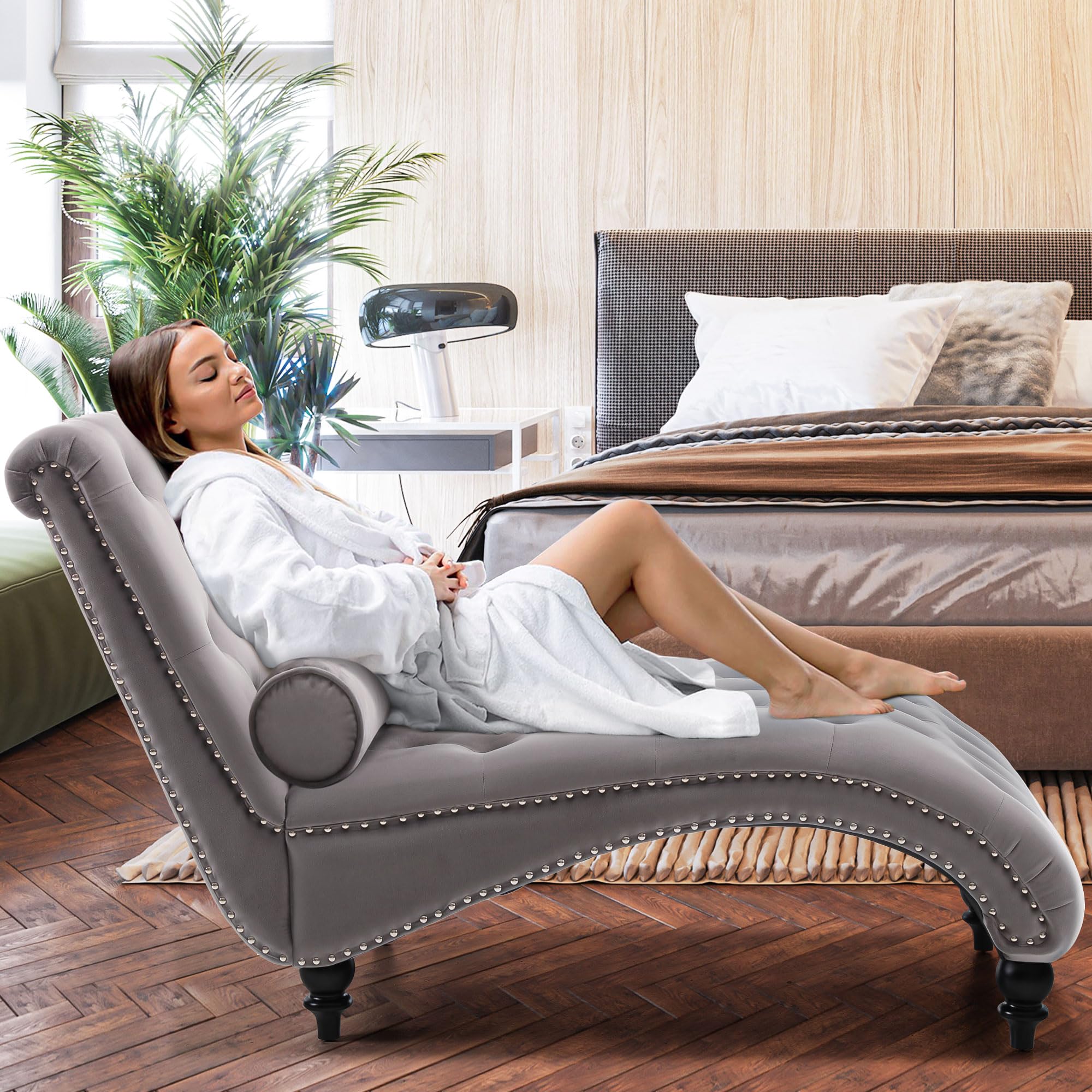 SLEERWAY Velvet Tufted Chaise Lounge Chair with Solid Wood Legs & Lumbar Pillow - Modern Upholstered Sleeper Sofa for Bedroom, Living Room, Office - Grey | Perfect for Relaxing, Reading & Small Space Decor