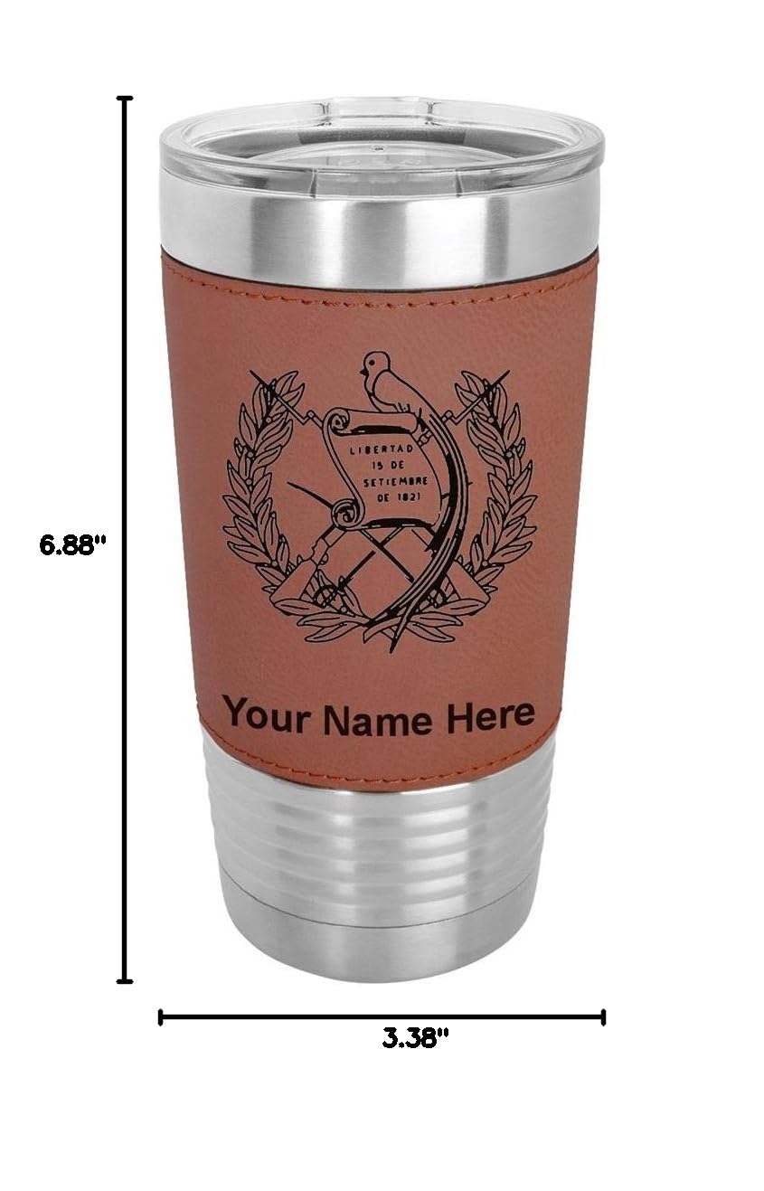 LaserGram 20oz Vacuum Insulated Stainless Steel Tumbler with Guatemala Flag Design - Personalized Engraved Travel Mug, Leakproof & Sweatproof - Perfect for Coffee, Tea & Cold Drinks at Home, Office or Outdoor Adventures (Faux Leather Handle, Dark Brown)