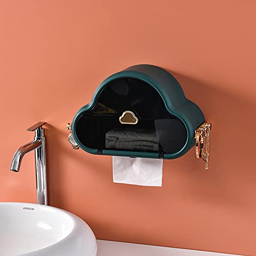 Wall Mounted Toilet Paper Holder - Punch-Free Installation, Waterproof Tissue Dispenser with Side Hooks for Bathroom, Kitchen & Living Room | Space-Saving Storage Solution (Green)