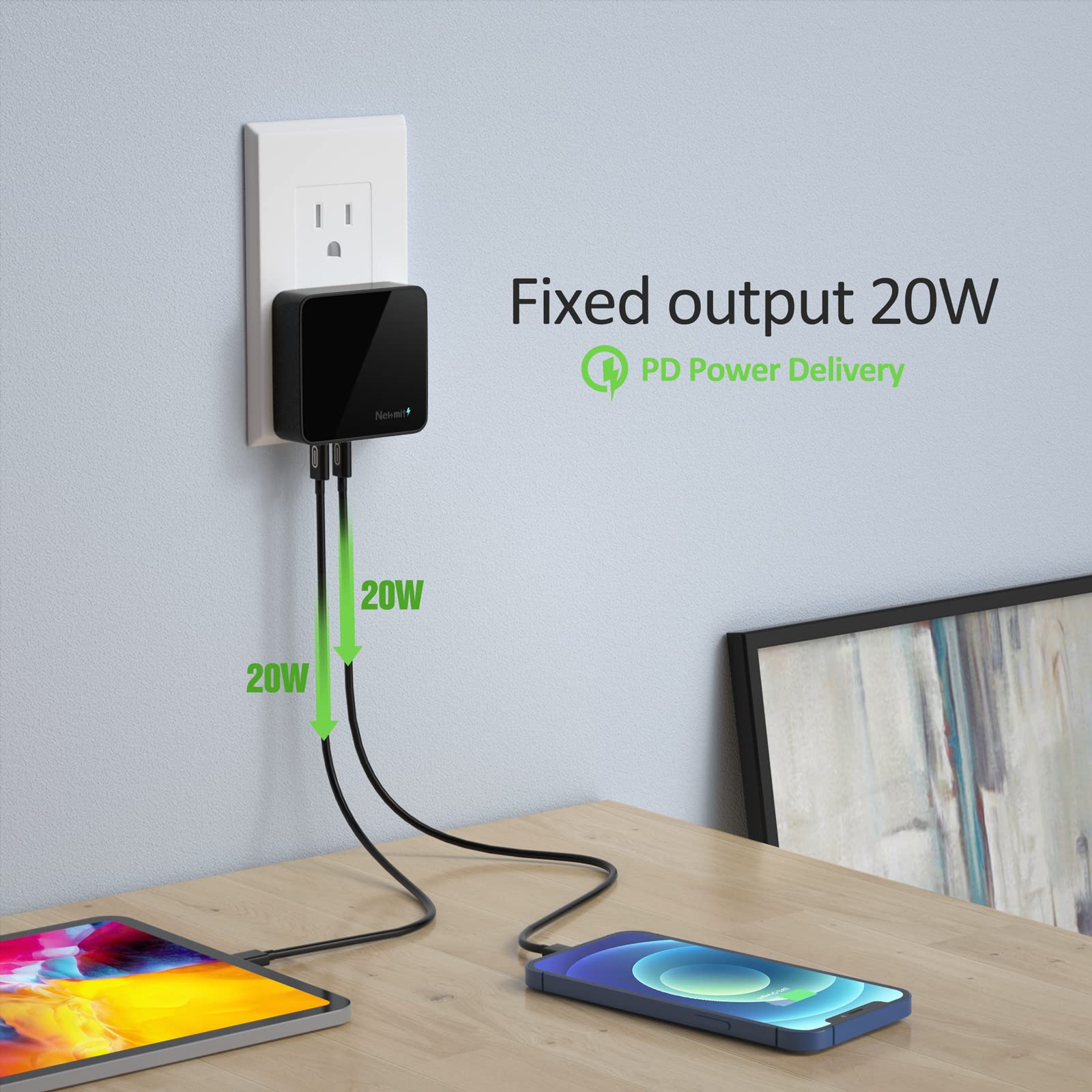 Nekmit 52W 4-Port USB C Wall Charger with 2x 20W PD & 2 USB Ports - Fast Charging for iPhone 14/14 Pro/14 Pro Max, Galaxy S23/S22, Pixel 7/6, iPad Pro, AirPods Pro - Compact & Powerful Charging Station for Home, Office & Travel