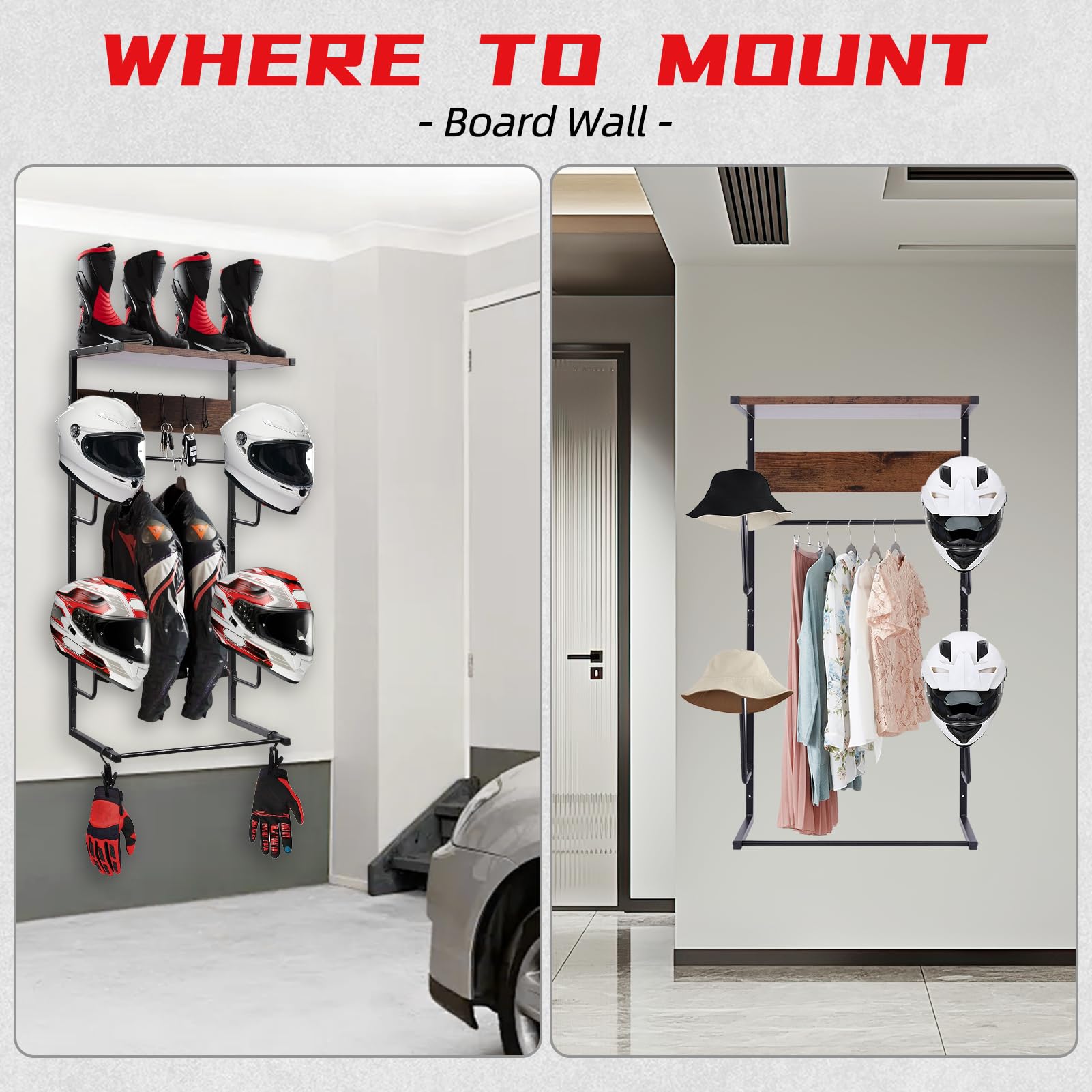 Motorcycle Helmet Wall Mount with Rack & Hooks - Garage Storage Solution