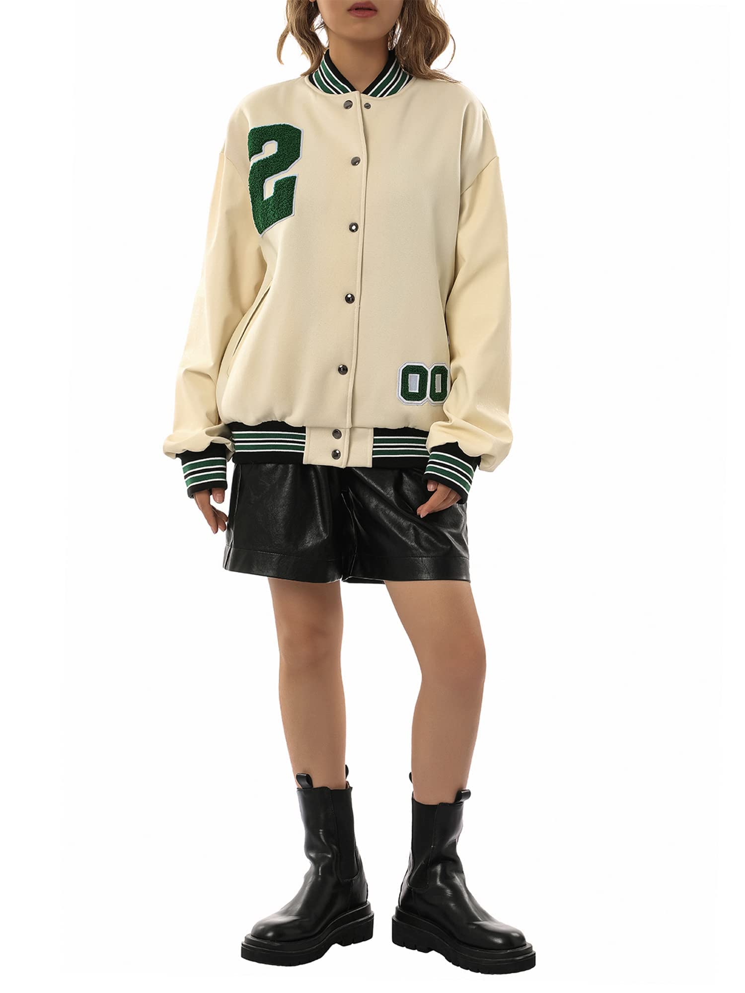 Women's Varsity Jacket - Long Sleeve Baseball Bomber Jacket with Leather Letter Embroidery | Oversized College Style Jacket for Girls | Perfect for School, Sports & Casual Outfits