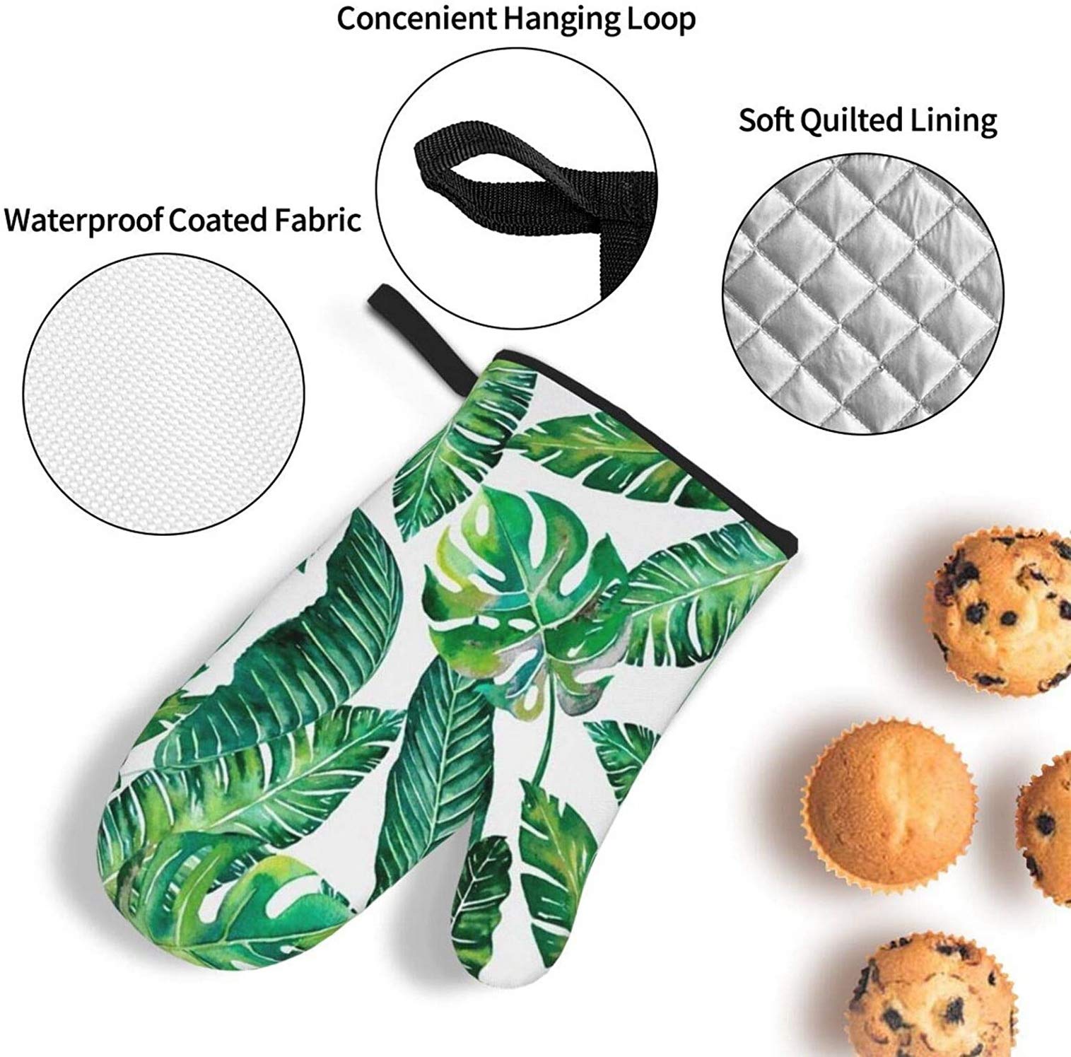 4PCS Jungle Leaves Banana Monstera Oven Mitts & Pot Holders - Heat Resistant Kitchen Gloves & Non-Slip Hot Pads for BBQ, Baking, Cooking - Perfect for Grilling, Roasting & Hand Protection