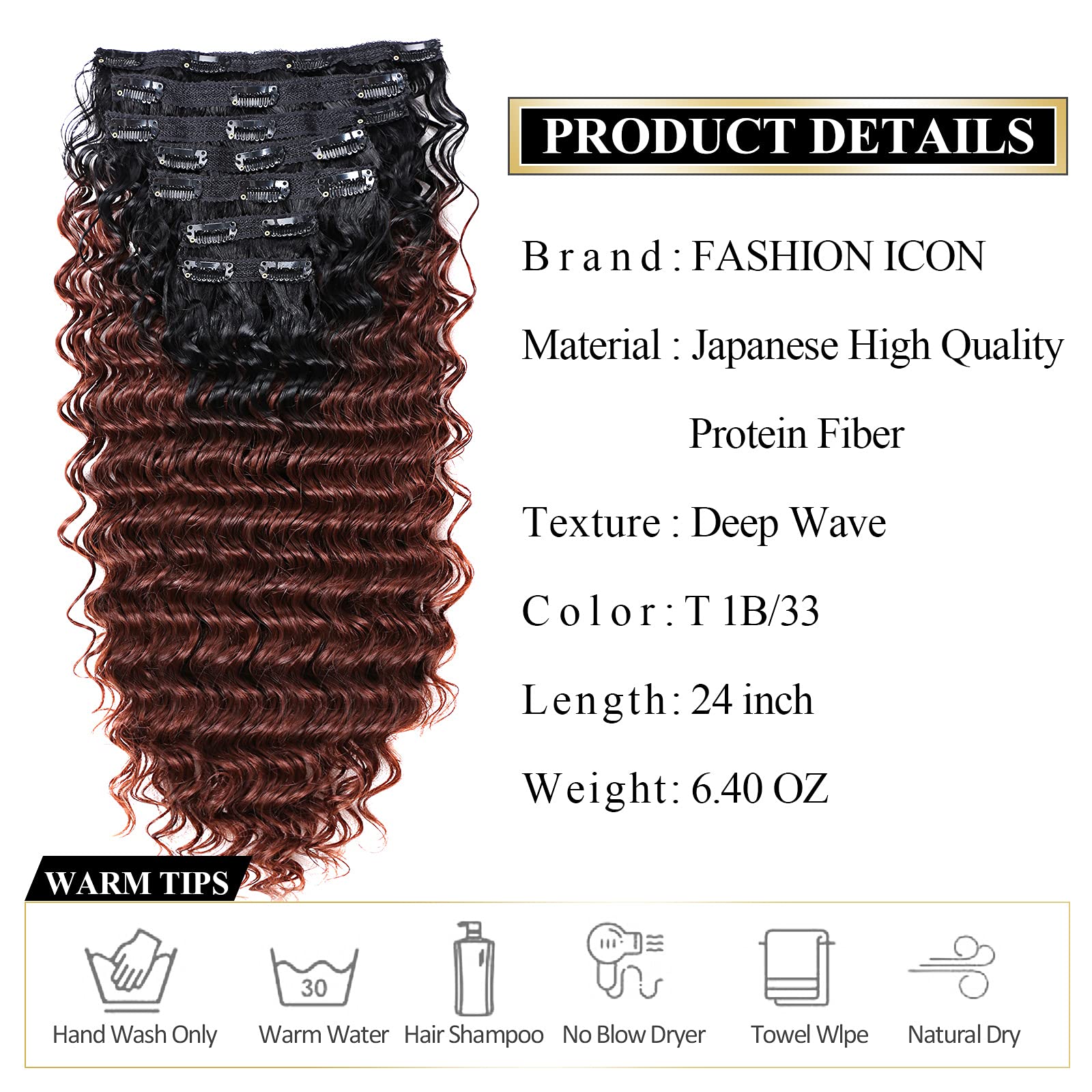 24 Inch Deep Wave Clip-In Hair Extensions - Human Hair Feel, Double Weft, Thick Ombre Synthetic Hairpiece for Women - Natural Looking (T1B/33) | Perfect for Parties, Weddings & Everyday Styling