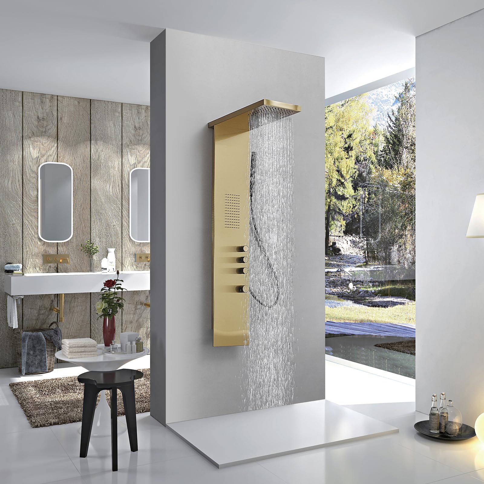 Brushed Gold Shower Tower Panel System with Body Jet Massage & Rainfall Hand Shower - High Pressure Bathroom Fixture for Spa-Like Experience | Perfect for Master Bathrooms & Luxury Home Renovations