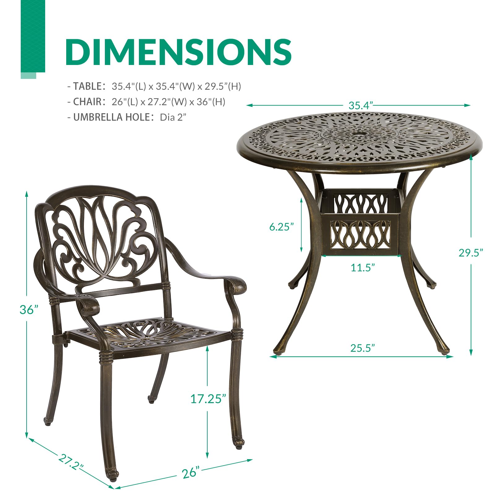 VIVIJASON 5-Piece All-Weather Outdoor Patio Dining Set - Cast Aluminum Round Table with Umbrella Hole & 4 Chairs - Durable Garden Furniture for Balcony, Lawn, Backyard - Perfect for Outdoor Entertaining and Relaxation
