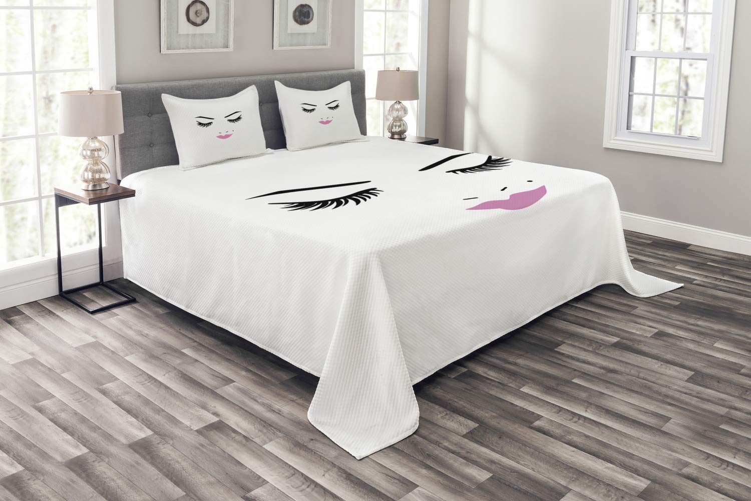Ambesonne 3-Piece King Size Bedspread Set with 2 Pillow Shams - Pink Lipstick & Eyelash Glam Makeup Design in Fuchsia, Black & White | Feminine Beauty Bedding for Women's Bedroom Decor