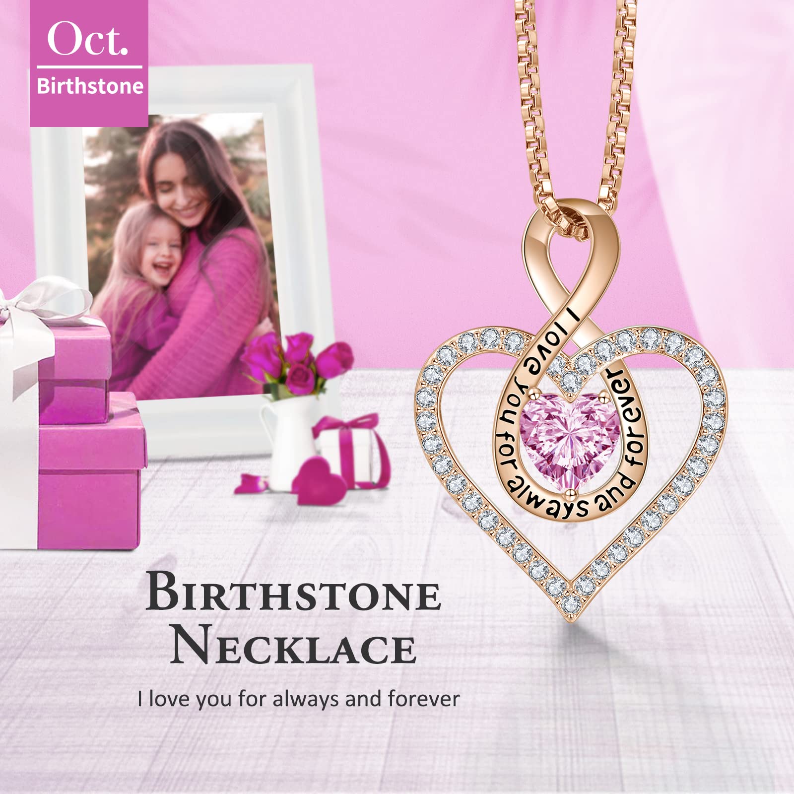 18K Rose Gold Plated Infinity Heart Necklace for Women - Birthstone Personalized Jewelry Gift for Wife, Girlfriend, Mom (Perfect for Anniversary, Birthday, Christmas) | Elegant Everyday Wear & Special Occasion Accessory
