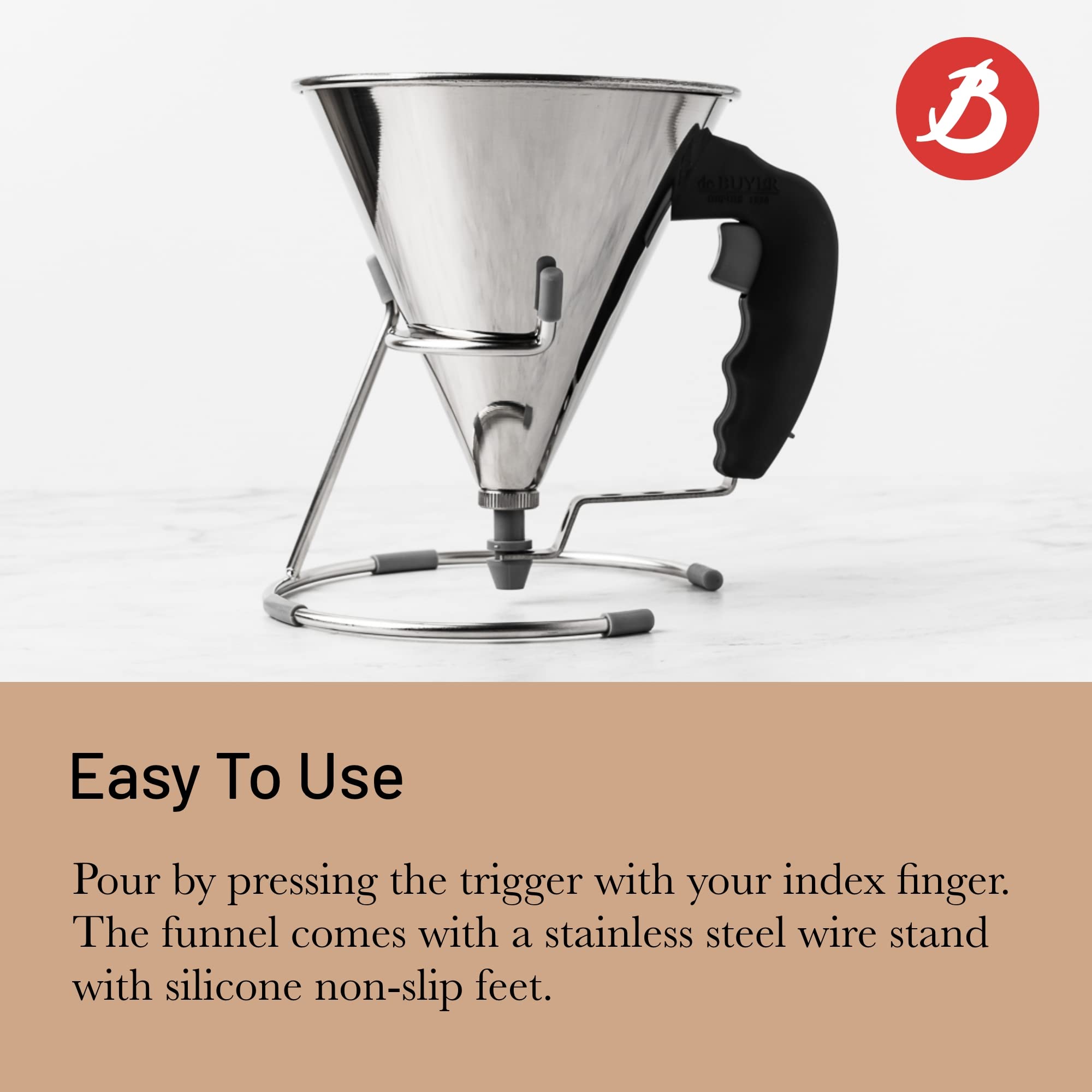 de Buyer KWIK Mini Piston Funnel - 0.8 qt Stainless Steel Kitchen Funnel for Batter, Syrup, Sauces & Oils - Leak-Proof Design - Dishwasher Safe - Made in France - Perfect for Baking, Pancake Batter & Salad Dressings