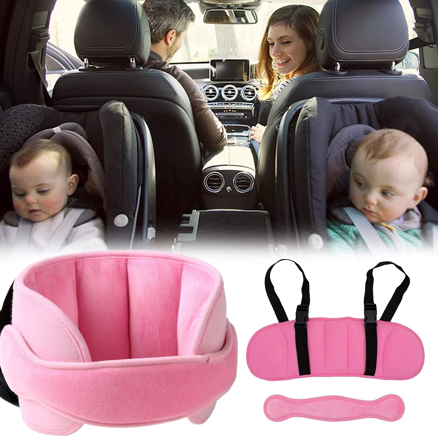 Adjustable Pink Car Seat Head Support Band for Infants and Babies - Safety Neck Relief for Comfortable Travel in Cars, Strollers, and High Chairs