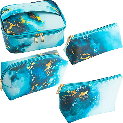 4 Pack Blue Marble Makeup Bag Set - Waterproof Travel Toiletry Organizer for Cosmetics & Brushes | Portable Cosmetic Storage for Women, Girls & Men | Perfect for Travel, Gym, Beach & Daily Use