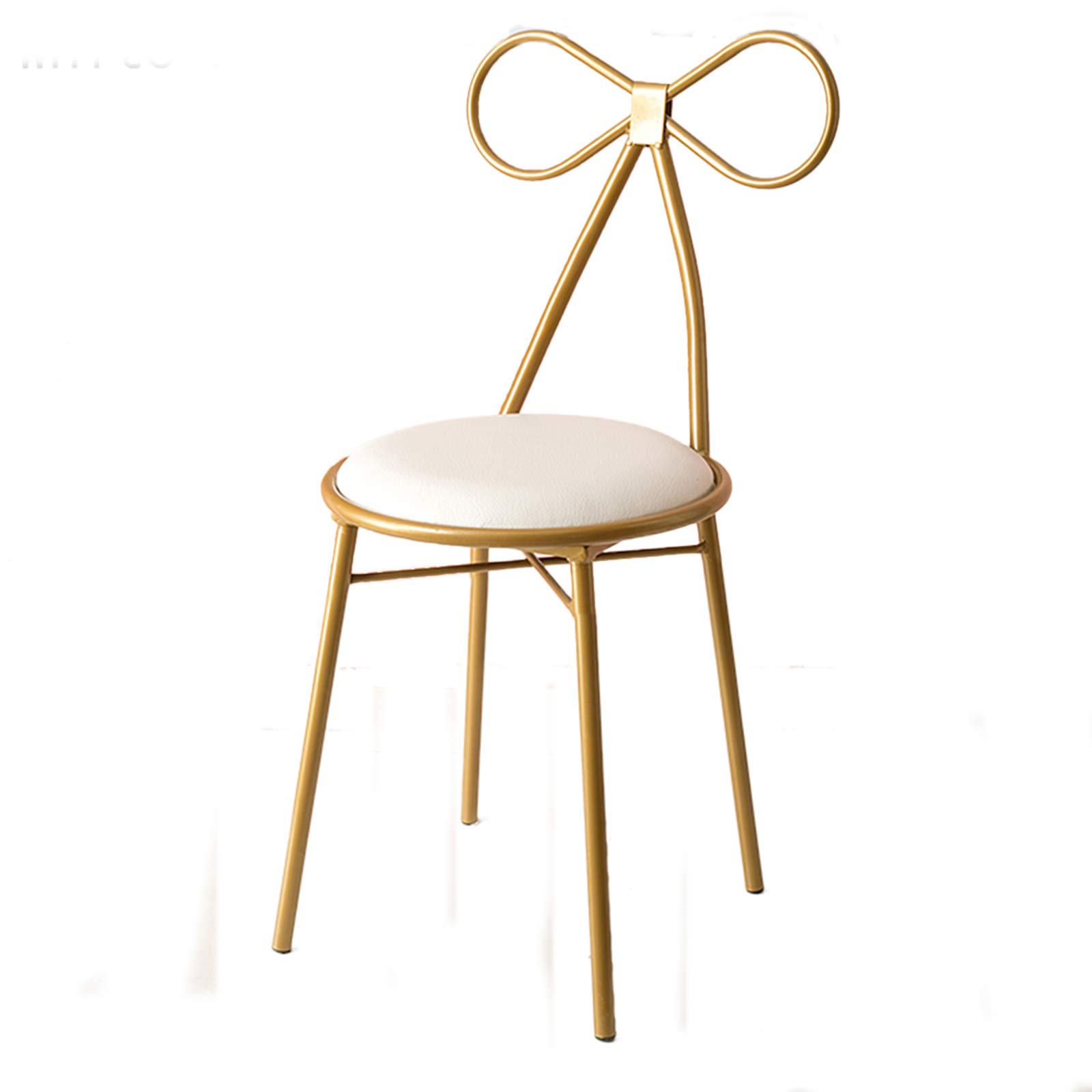 Golden PU Leather Dressing Table Makeup Chair with Ribbon Backrest - Flannel Upholstered Stool for Bedroom, Lounge & Reading - Wrought Iron Dining Chair Furniture (White) - Perfect for Vanity, Home Office & Guest Room Decor