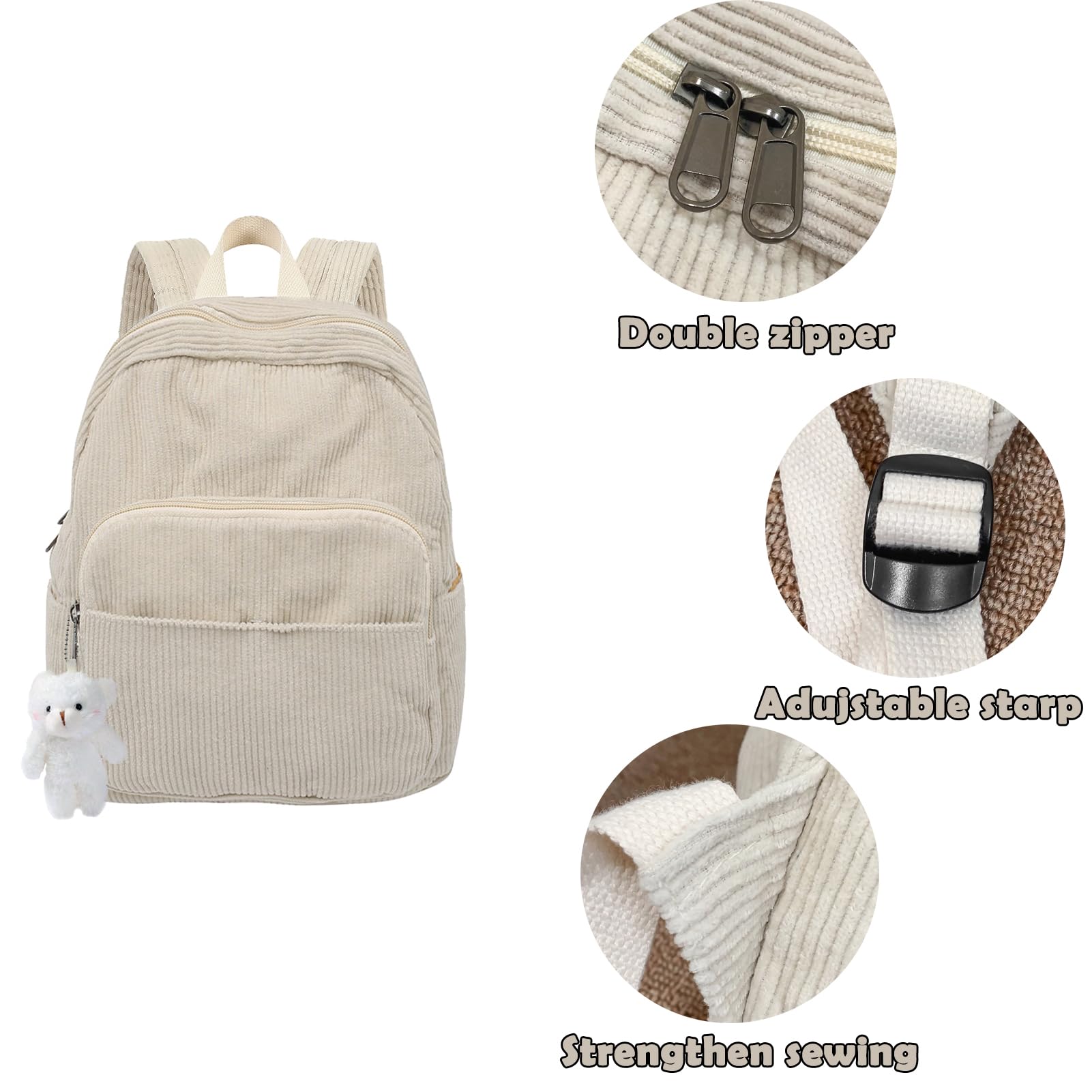 Mini Backpack for Women & Girls - Small Cute Corduroy Bookbag with Bear Pendant - Perfect for School, Travel & Daily Use - Great Gift Idea