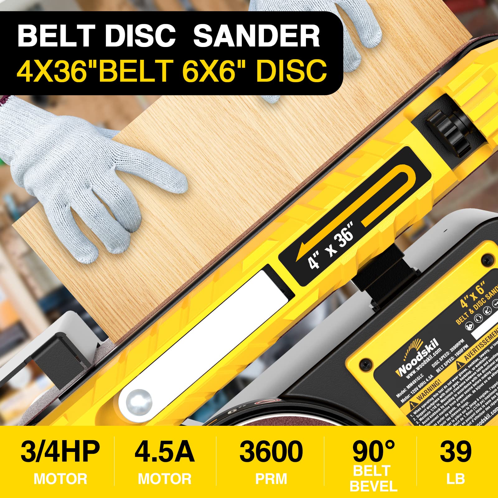 4.5-Amp Belt Disc Sander Combo | 4 x 36 in. Belt & 6 in. Disc Sander with 3/4HP Motor | Woodworking Bench Sander with Stable Base | Upgraded Model for Sanding, Polishing & Shaping Wood, Metal & DIY Projects