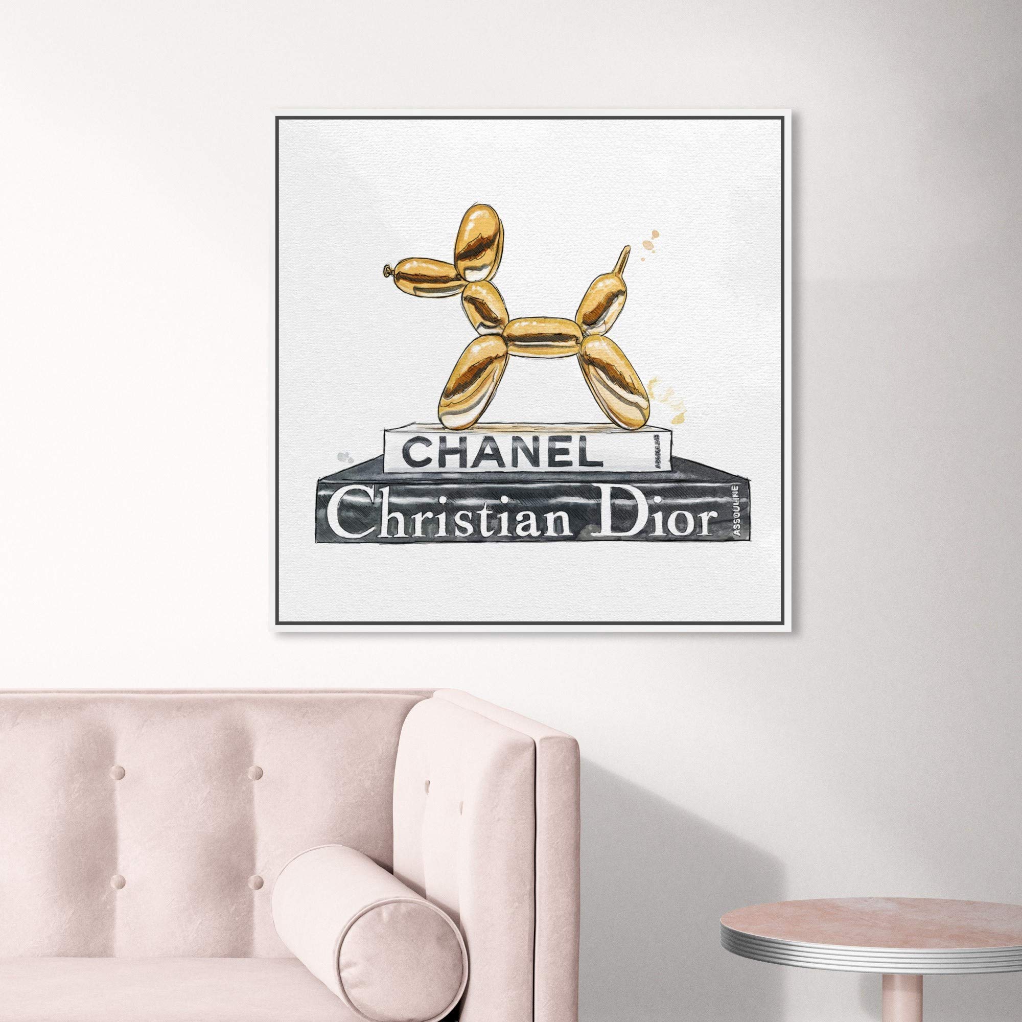 Oliver Gal Artist Co. Balloon Dog Library Framed Wall Art - 24x24 Inch Fashion & Glam Canvas Print in Gold & Gray - Perfect for Home Décor, Living Room, Office & Library Decorations
