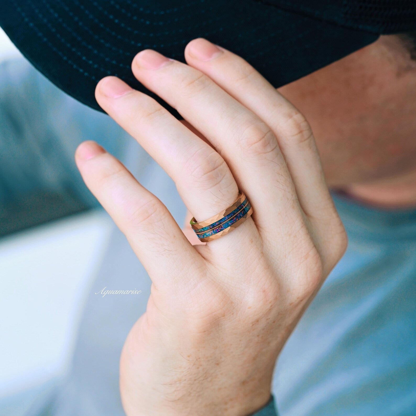 Blue Fire Opal & Guitar String Wedding Band - 8MM Rose Gold Tungsten Ring for Men & Women - Perfect for Engagement, Anniversary, and Unique Gift Giving