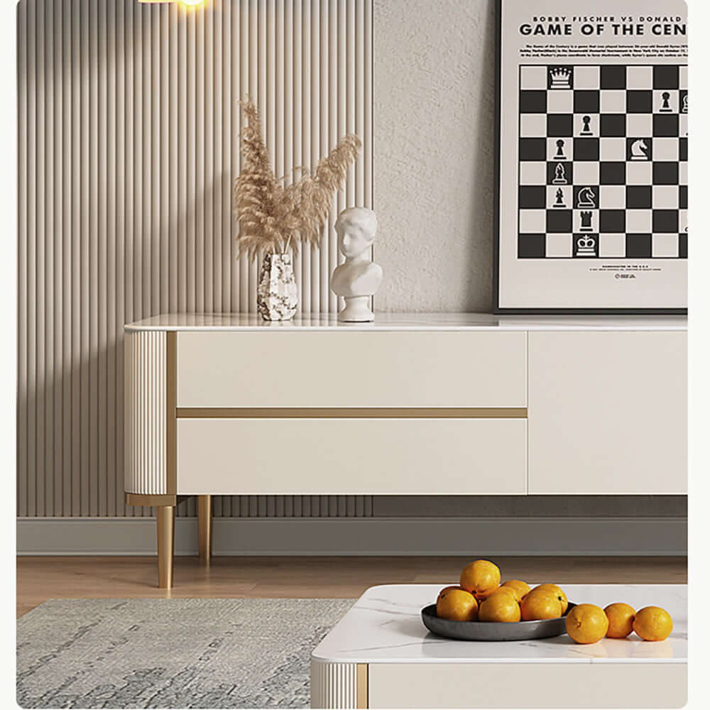 Premium Rectangle TV Stand with Marbling Slate Top - Modern Entertainment Center for Living Room, Bedroom & Home Theater