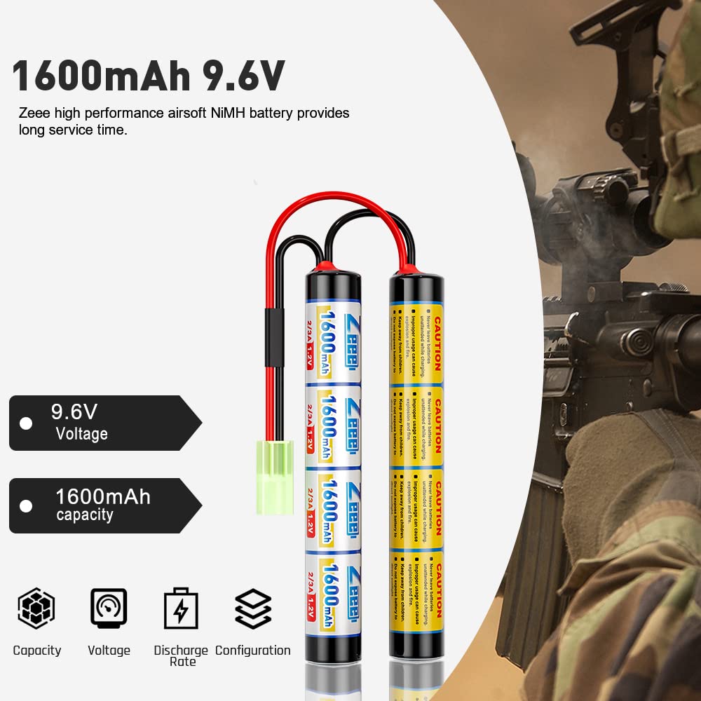 Zeee 9.6V 1600mAh NiMH Airsoft Battery with Mini Tamiya Plug (2 Pack) - Perfect for RC Guns & Airsoft Battles