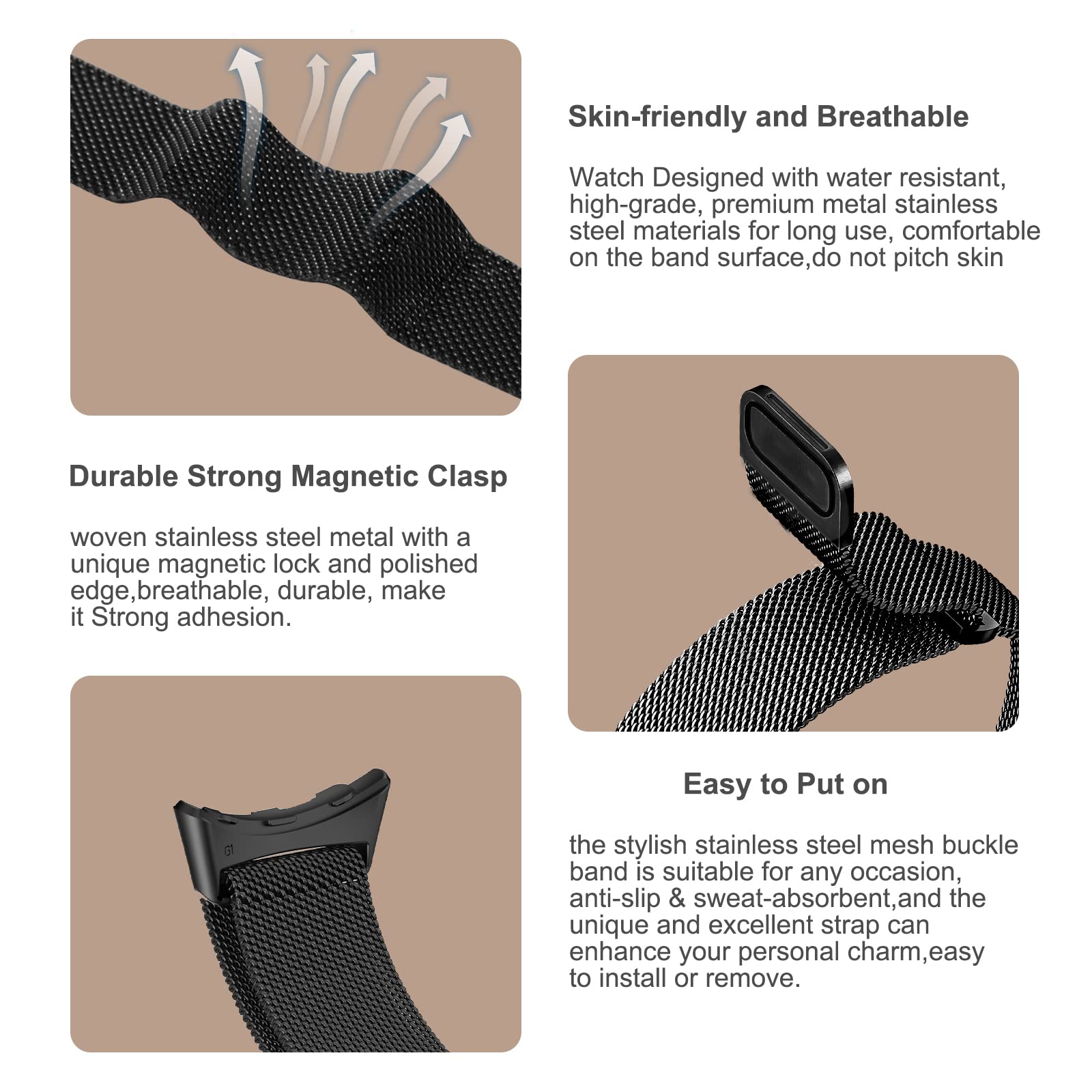 HASDON Magnetic Metal Watch Band for Google Pixel Watch 2/1 - Stainless Steel Mesh Adjustable Strap for Men & Women - Black Loop Replacement Wristband - Perfect for Work, Gym & Everyday Wear