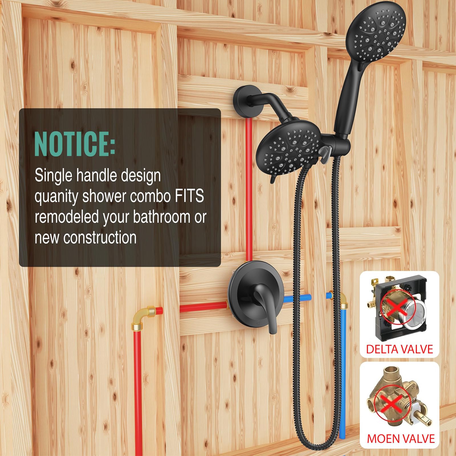 SR SUN RISE 6-Spray 3-Way Shower Faucet Combo with Handheld Shower Head and Matte Black Trim Kit (Valve Included) - Perfect for Bathroom Renovation and Modern Home Upgrade