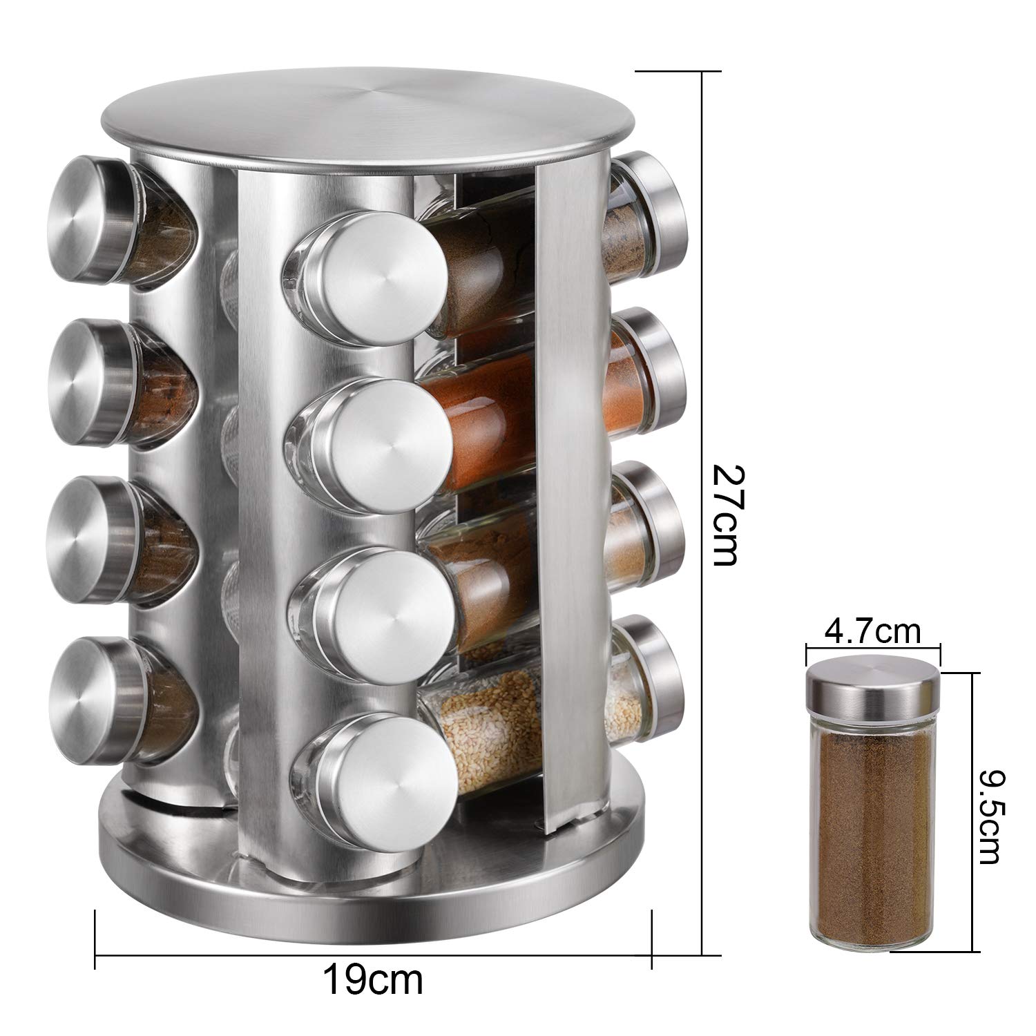 KZH 16-Jar Stainless Steel Spice Rack Organizer - Revolving Carousel Tower with Spice Jars - Countertop Kitchen Storage for Spices & Seasonings - Perfect for Home, Restaurant & Cooking Enthusiasts