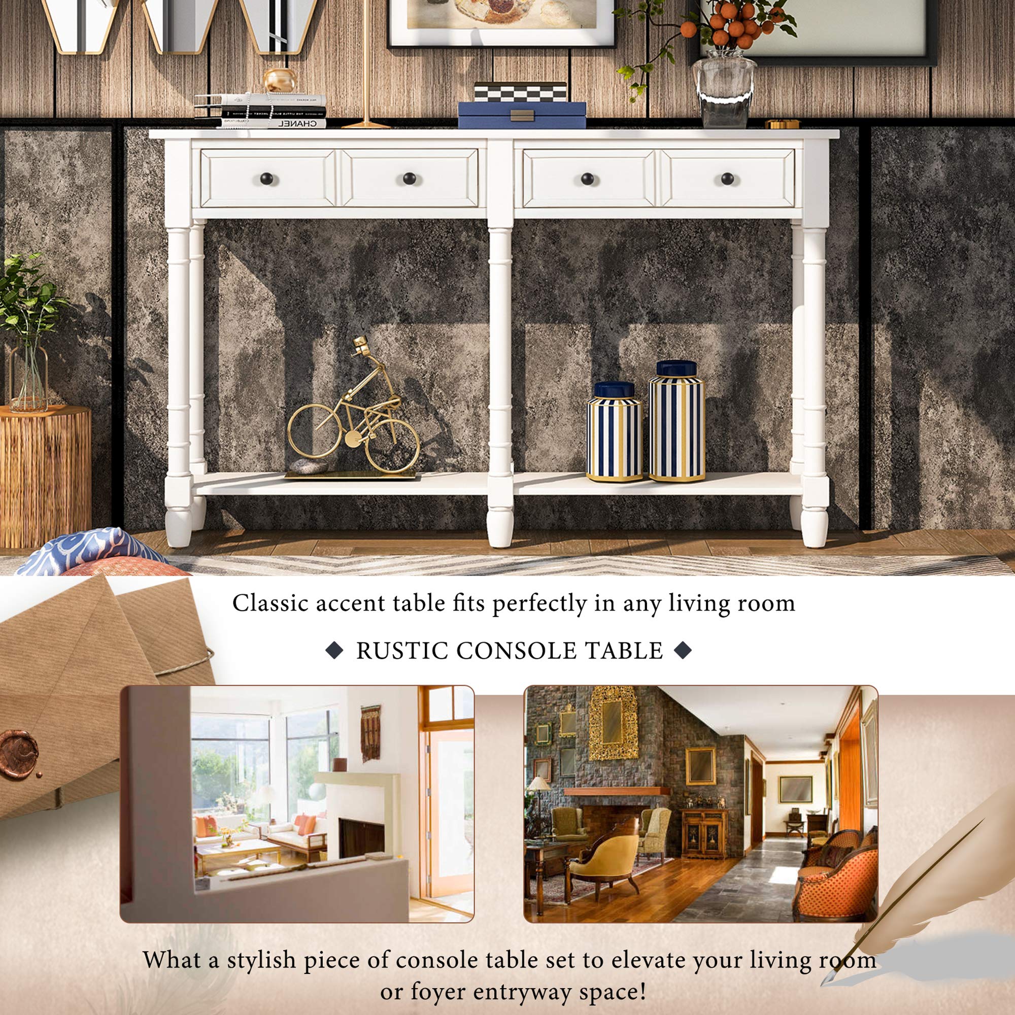 **Merax White Retro Console Table with Drawers & Shelf - Sofa Table, Entryway Table, Living Room Furniture - Perfect for Hallway, Foyer & Small Space Decor**