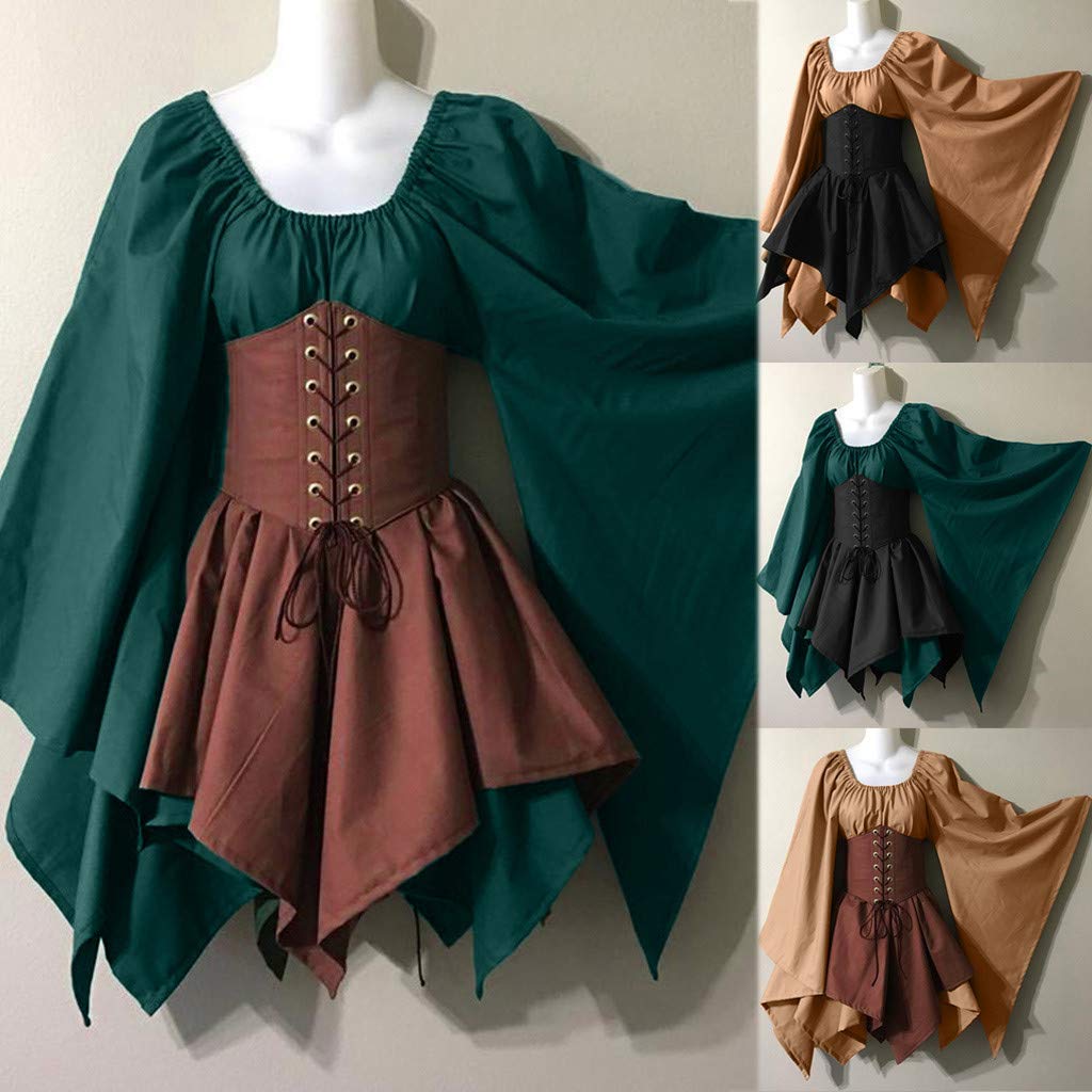 Medieval Renaissance Pirate Corset Dress for Women - Flared Sleeve Irish Traditional Short Dress | Perfect for Halloween, Cosplay, Renaissance Fairs & Themed Parties