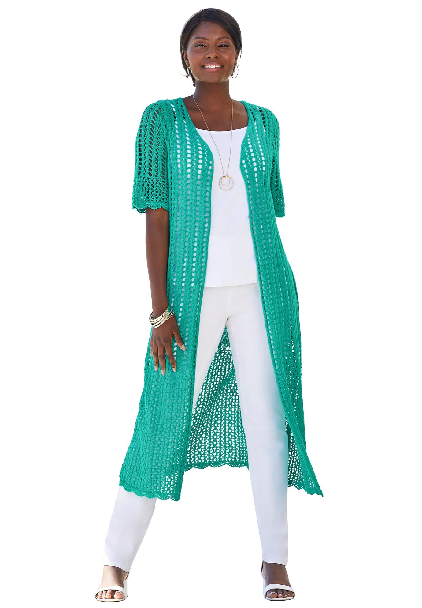 Jessica London Plus Size Crochet Sweater Duster for Women - Elegant Layering Piece