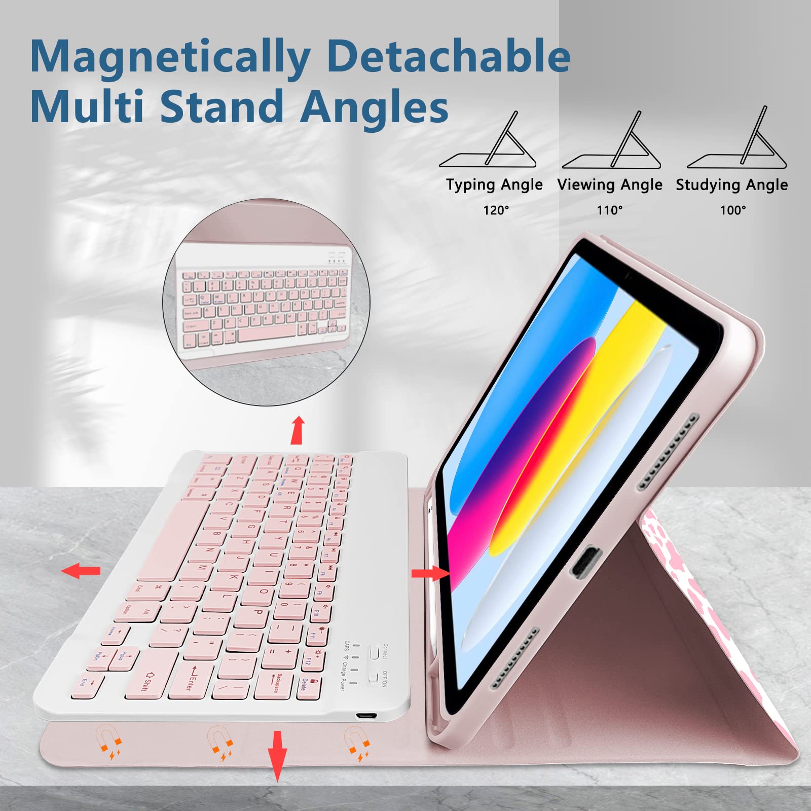Premium Magnetic Detachable Keyboard Case for iPad 11th Gen (A16) 11-inch 2025 & iPad 10th Gen 10.9-inch 2022 - Rechargeable Backlit, Pencil Holder, Slim Protective Cover (Pink Cow) - Perfect for Work, Study & Travel