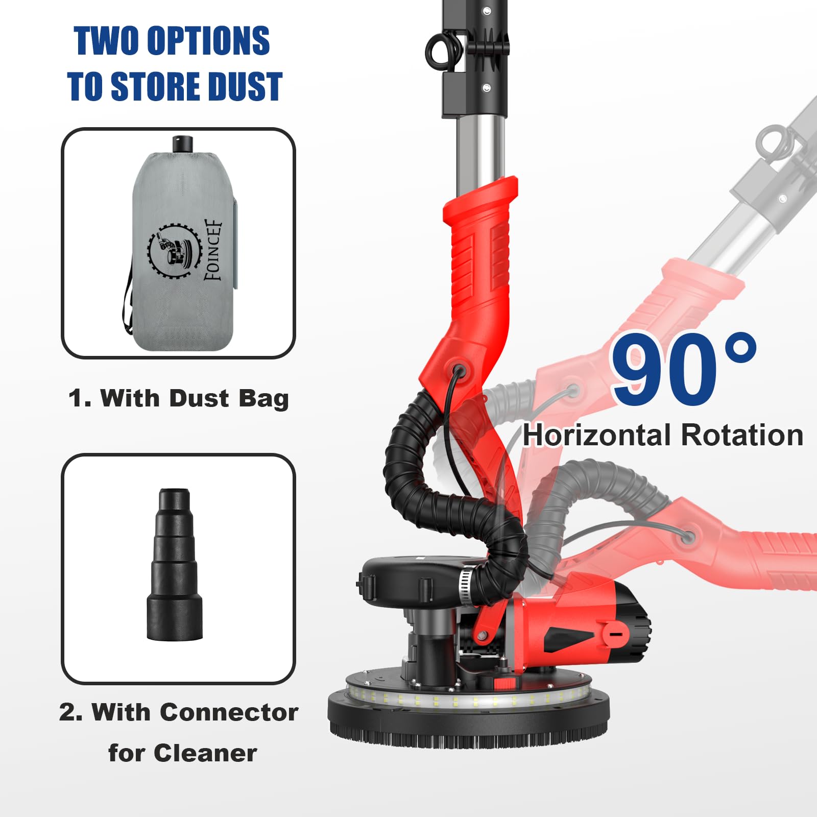 950W 8-Amp Drywall Sander with Vacuum Attachment - 7 Variable Speed Dust Collector - Lightweight Dustless Wall Sander with 360° LED Light for Ceiling, Floor & Popcorn Texture Removal - Perfect for Home Renovation & Professional Drywall Repair