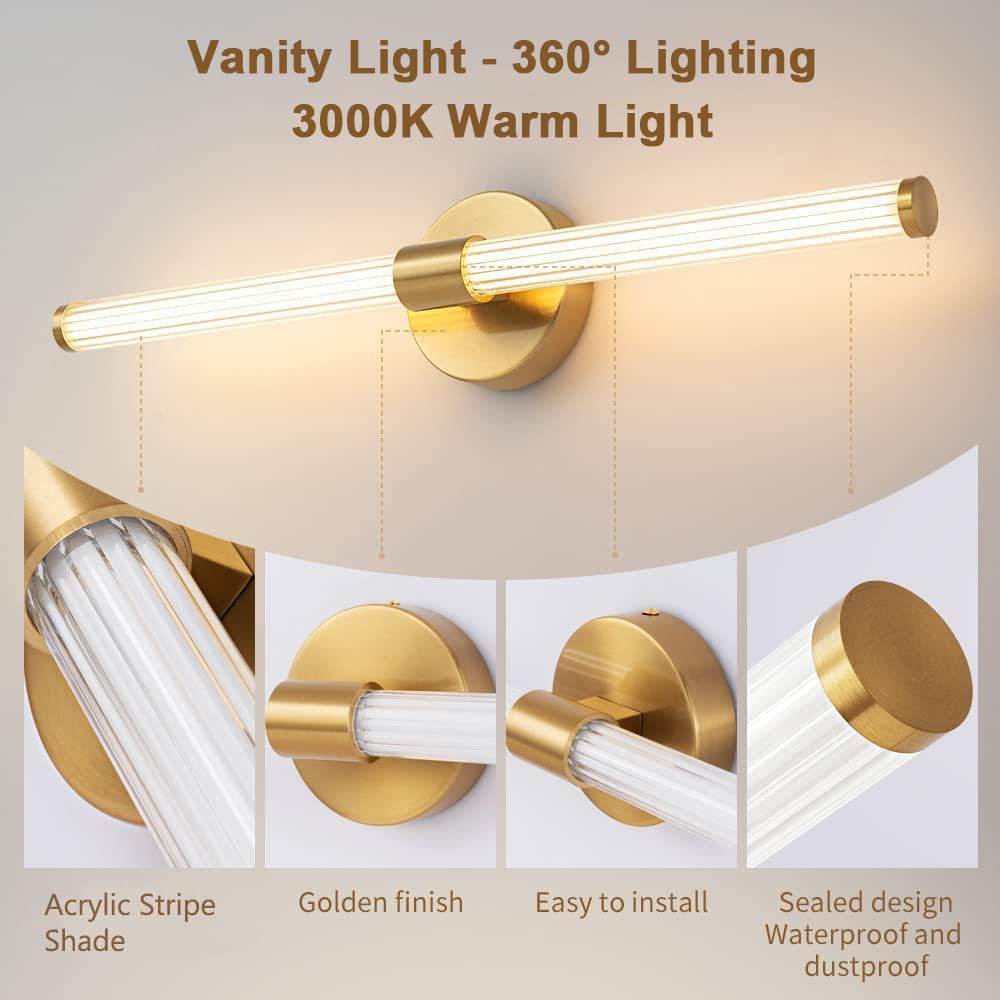 22 Inch Dimmable LED Vanity Light Bar - Gold Modern Bathroom Wall Sconce with 360° Full Lighting for Mirror, Warm White Light for Bedroom & Living Room | Perfect for Makeup, Shaving & Home Decor