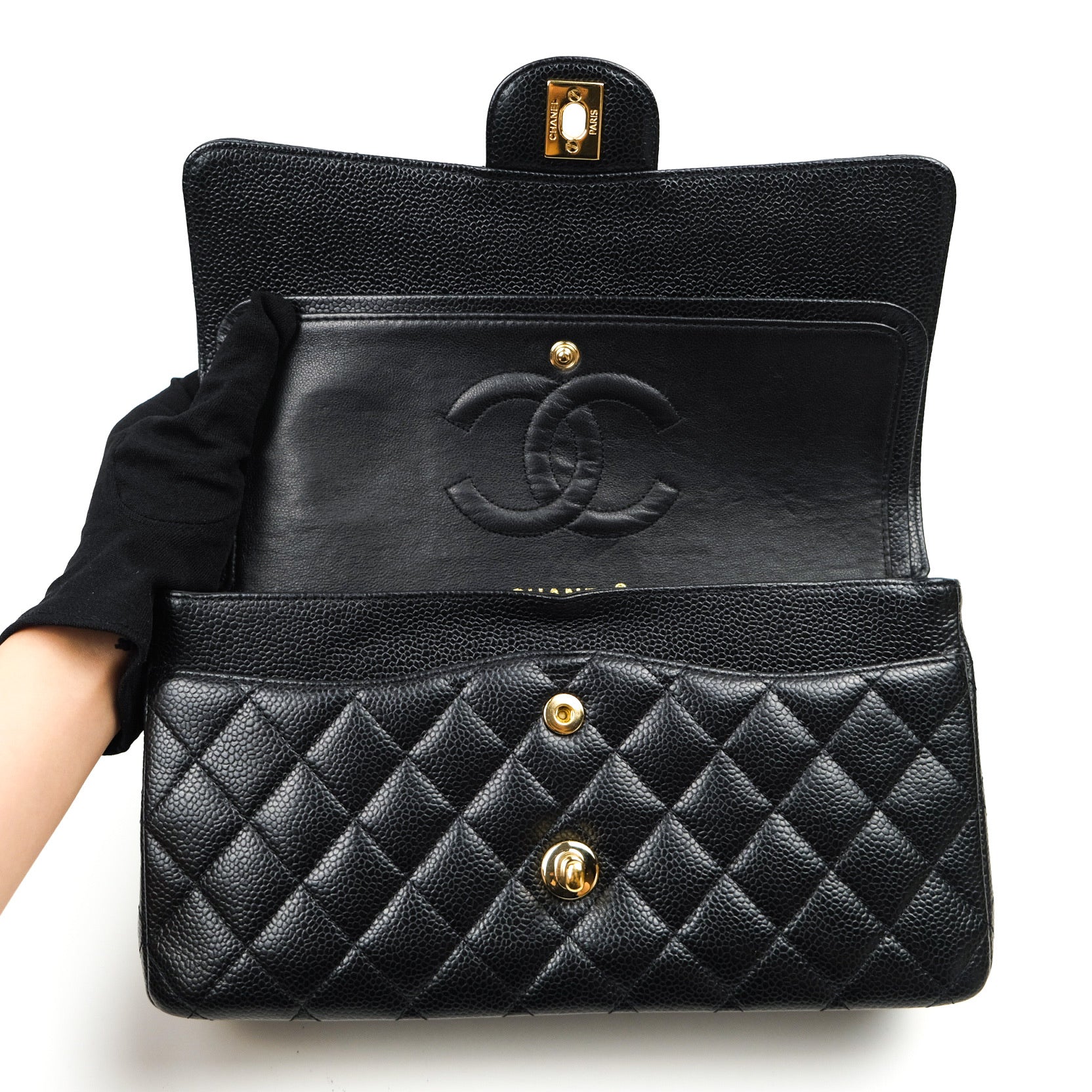 Chanel Classic M/L Medium Double Flap Bag in Black Caviar Leather with 24K Gold Hardware - Luxury Handbag for Women, Perfect for Work, Evening Events & Special Occasions