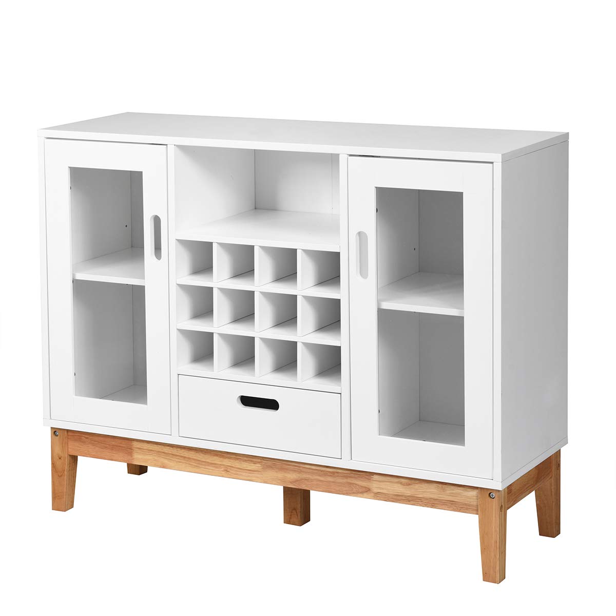 White Sideboard Buffet Cabinet with Removable Wine Rack, Glass Doors & Wood Accent - Storage Console Table with Open Shelf & Drawer for Living Room, Entryway, Dining Room - Perfect for Home Organization & Entertaining Guests
