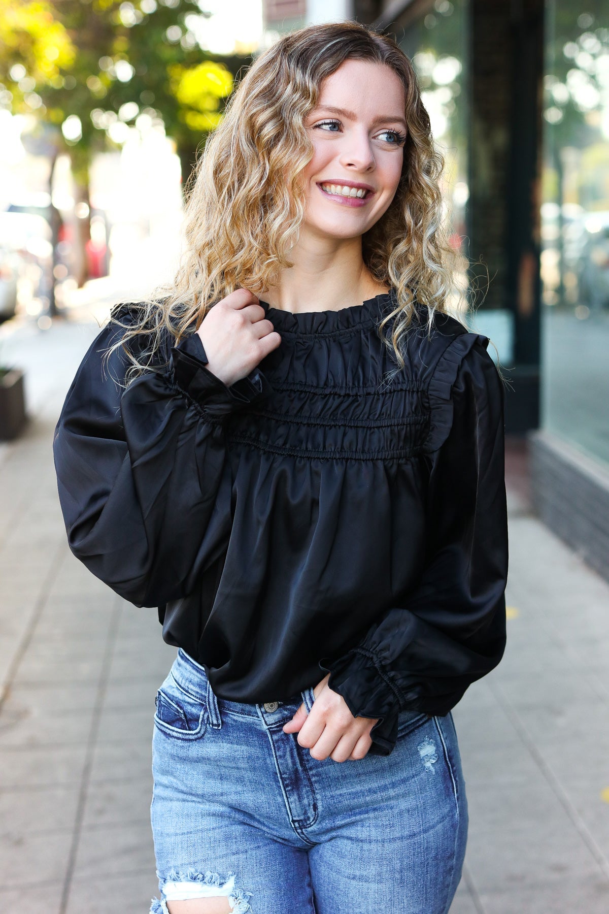 Black Satin Shirred Yoke Frilled Mock Neck Top for Women - Elegant Party & Evening Wear