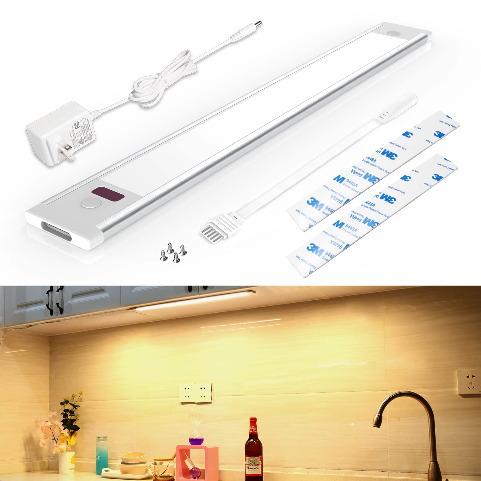 Wobsion 18-Inch Under Cabinet LED Light Bar - Dimmable Under Counter Lighting with Hand Wave Sensor, 54 LEDs, Warm White - Perfect for Kitchen, Closet, Shelf, and Workspace Lighting