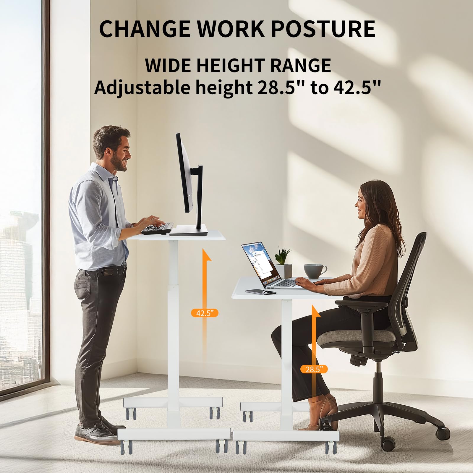 YSSOA Adjustable Height Mobile Standing Desk with Lockable Wheels - Portable Sit Stand Laptop Table Computer Workstation for Home Office, Small Spaces & Dorm Rooms - White