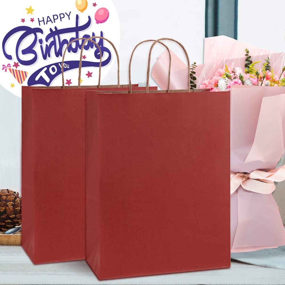 BagDream 10x5x13 Inches 50Pcs Red Stripes Kraft Paper Gift Bags with Handles - Eco-Friendly 100% Recycled Shopping, Retail & Party Bags for Merchandise, Gifts & Events
